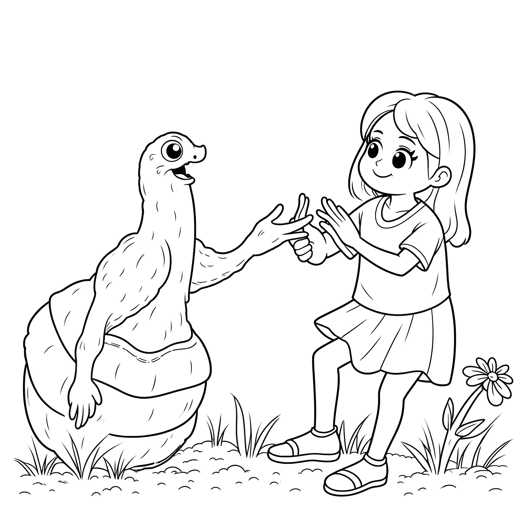 Audrey II and Young Girl Playing Together Coloring Page (free black-and-white line drawing printable PDF for all, from beginners to advanced learners, including children, teens, adults, and seniors)