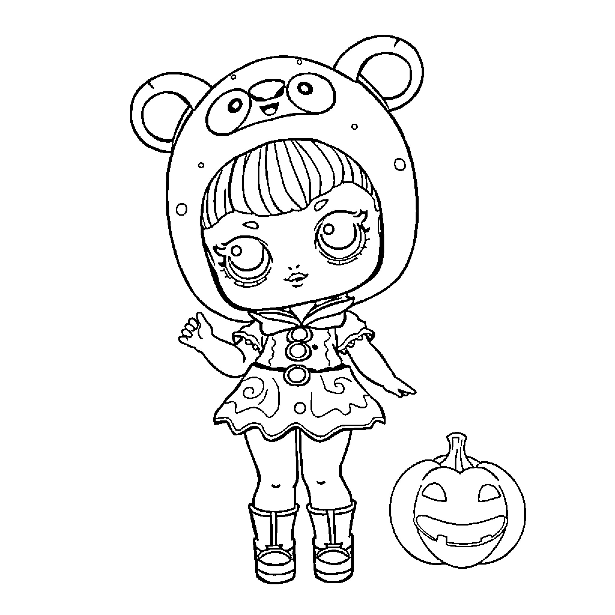 Lol Doll in Panda Costume Holding Halloween Pumpkin Coloring Page (free black-and-white line drawing printable PDF for all, from beginners to advanced learners, including children, teens, adults, and seniors)