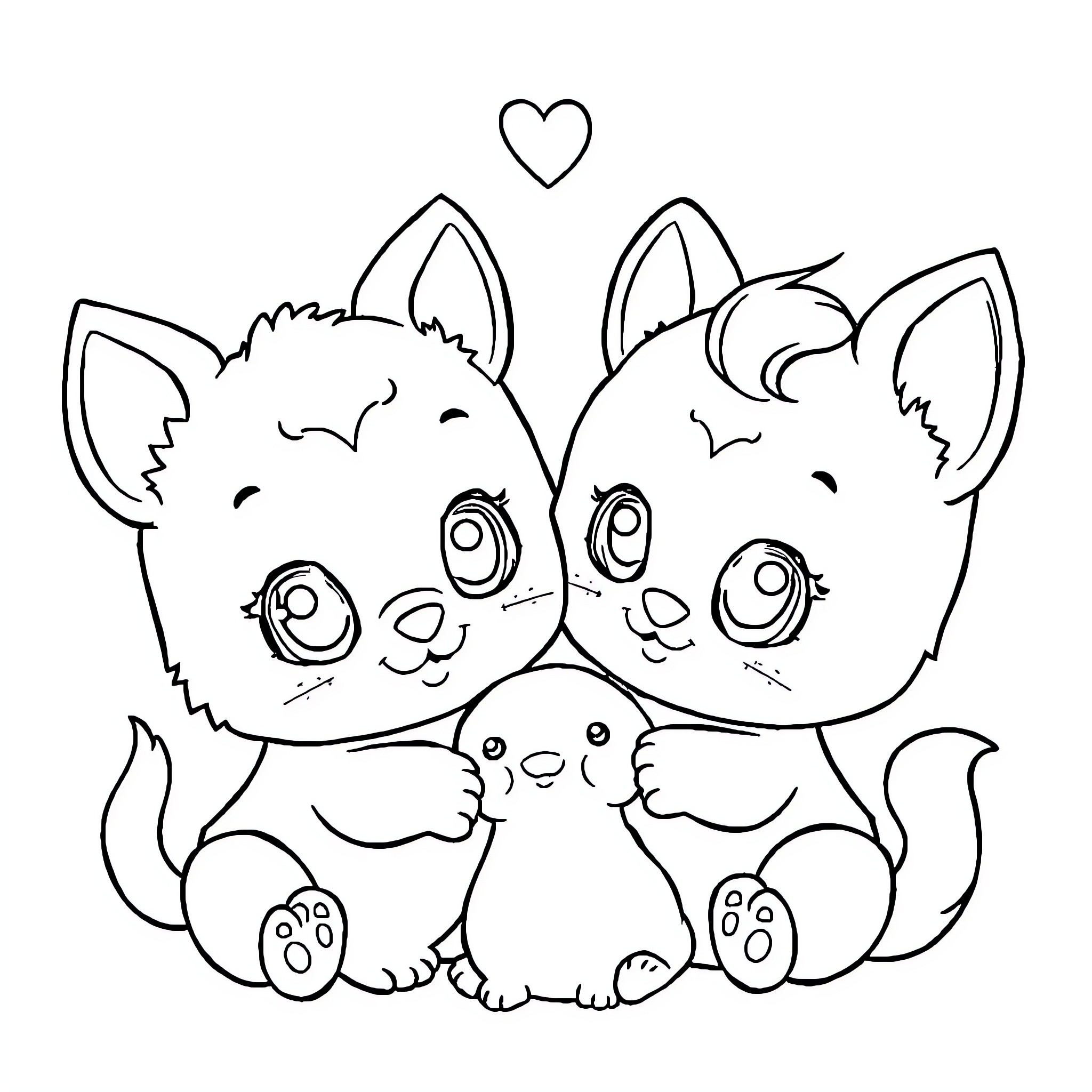 Animal friends cuddling happily together Coloring Page (free black-and-white line drawing printable PDF for all, from beginners to advanced learners, including children, teens, adults, and seniors)