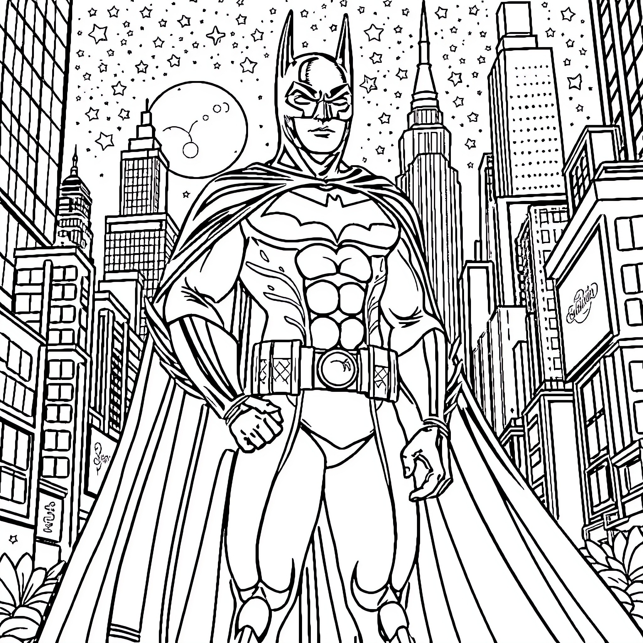 Batman protects the city under the night sky Coloring Page (free black-and-white line drawing printable PDF for all, from beginners to advanced learners, including children, teens, adults, and seniors)