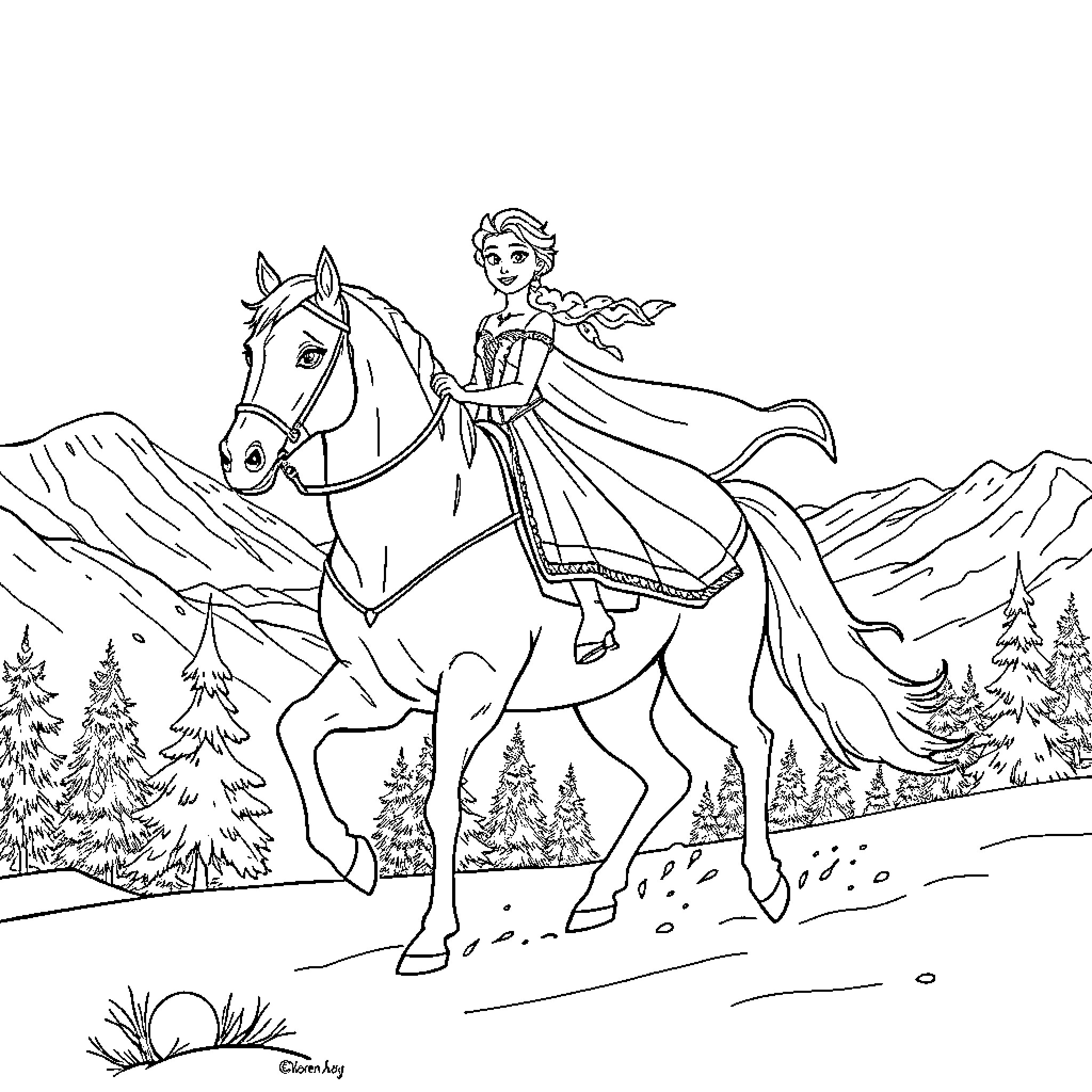 Elsa riding a majestic horse through the snowy landscape Coloring Page (free black-and-white line drawing printable PDF for all, from beginners to advanced learners, including children, teens, adults, and seniors)