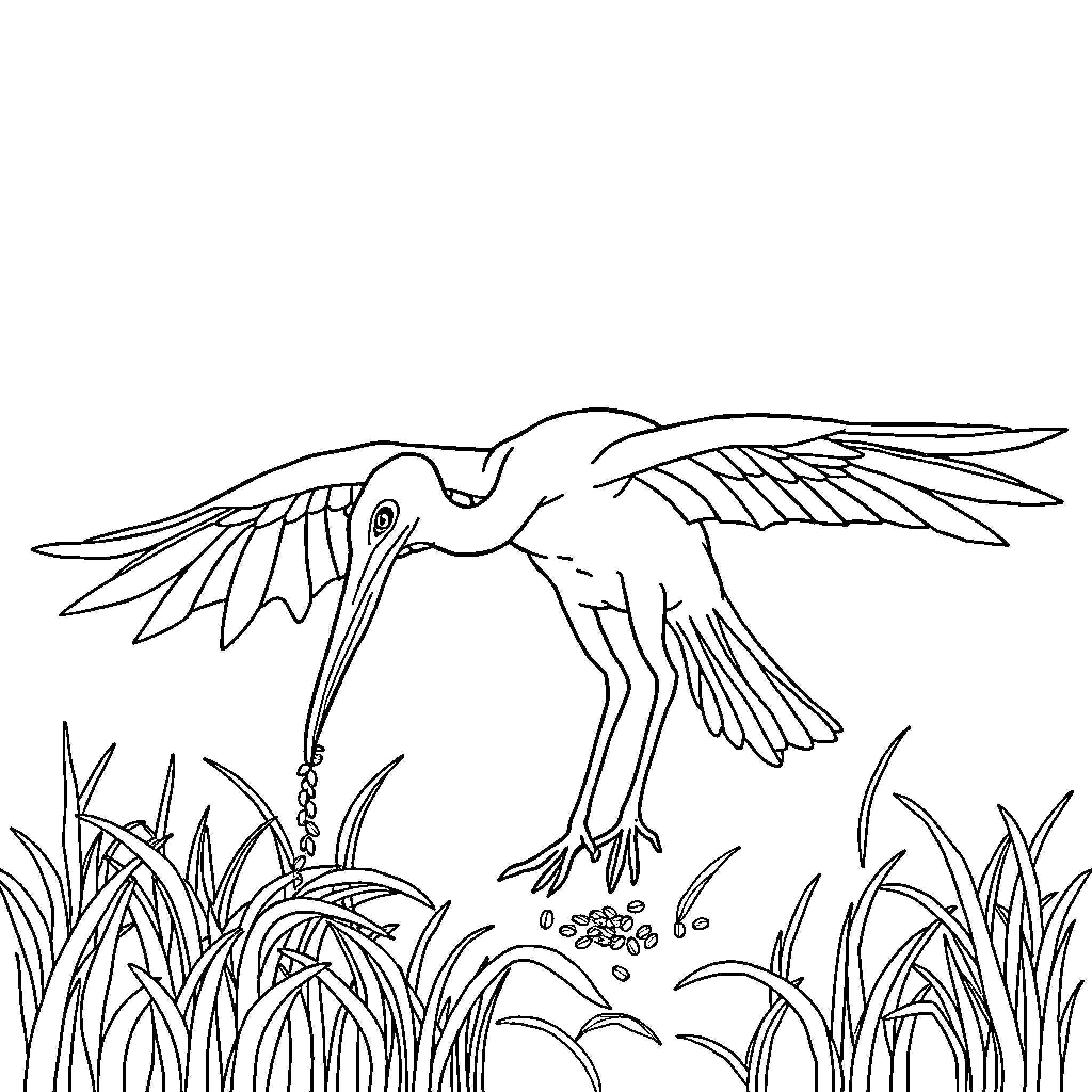 Pteranodon soaring gracefully above the lush foliage Coloring Page (free black-and-white line drawing printable PDF for all, from beginners to advanced learners, including children, teens, adults, and seniors)