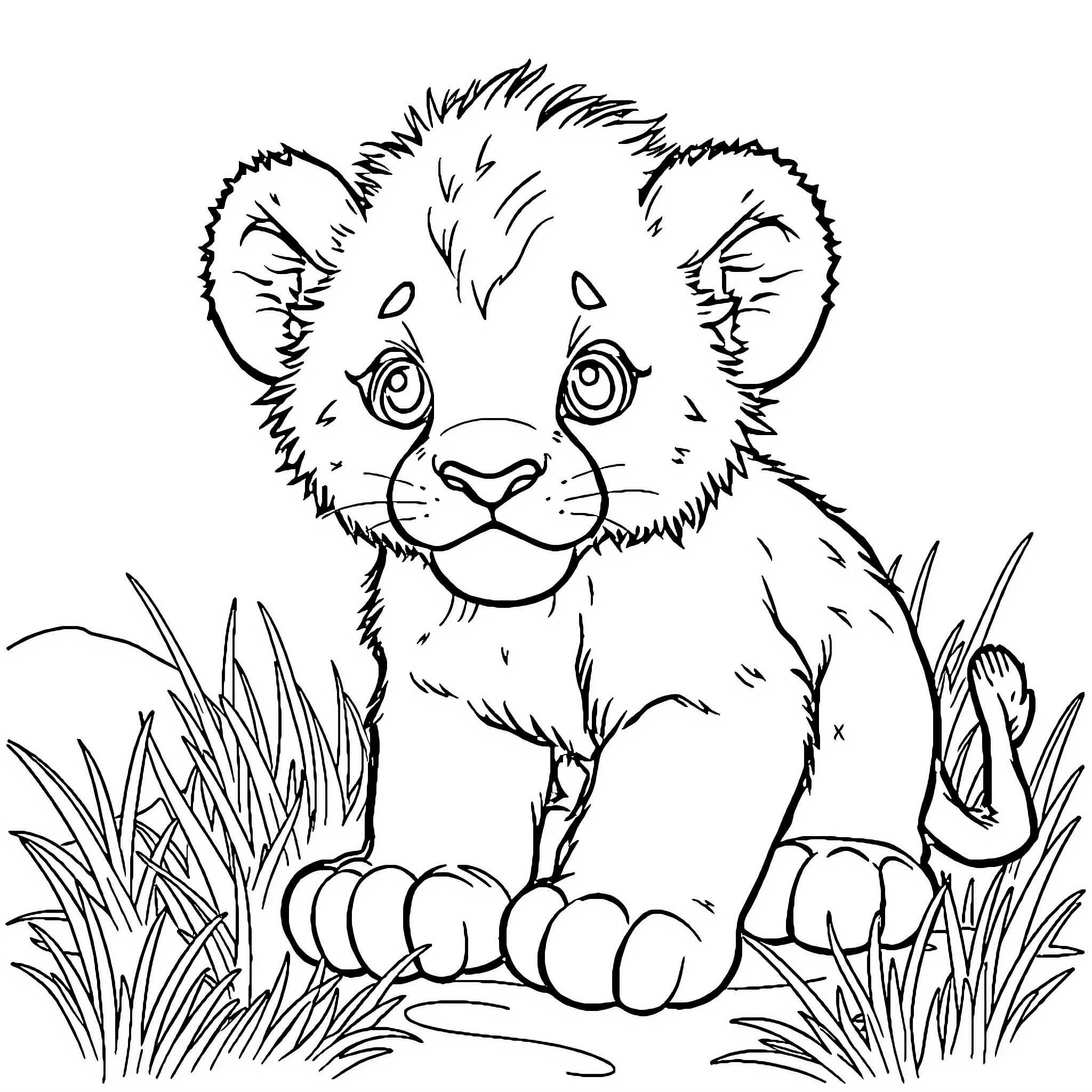 Lion Cub playing in the grass Coloring Page (free black-and-white line drawing printable PDF for all, from beginners to advanced learners, including children, teens, adults, and seniors)