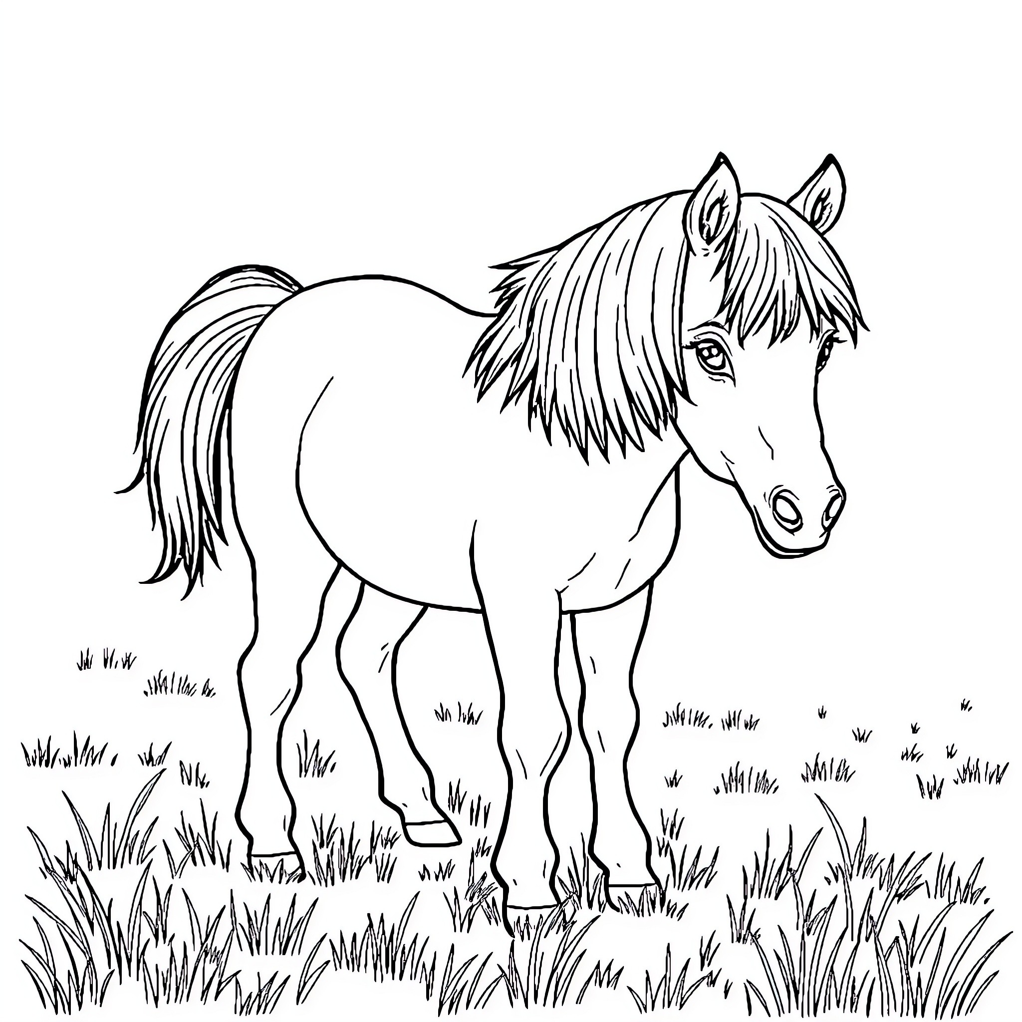 Pony standing in a grassy meadow Coloring Page (free black-and-white line drawing printable PDF for all, from beginners to advanced learners, including children, teens, adults, and seniors)