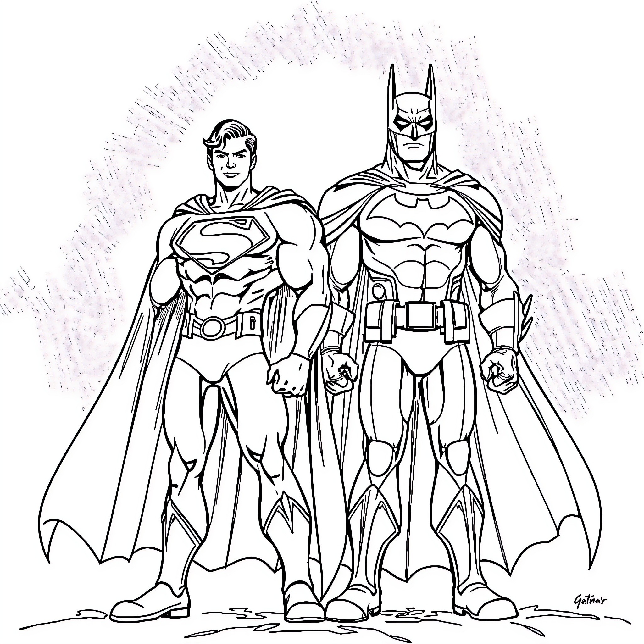 Superman and Batman in heroic poses Coloring Page (free black-and-white line drawing printable PDF for all, from beginners to advanced learners, including children, teens, adults, and seniors)
