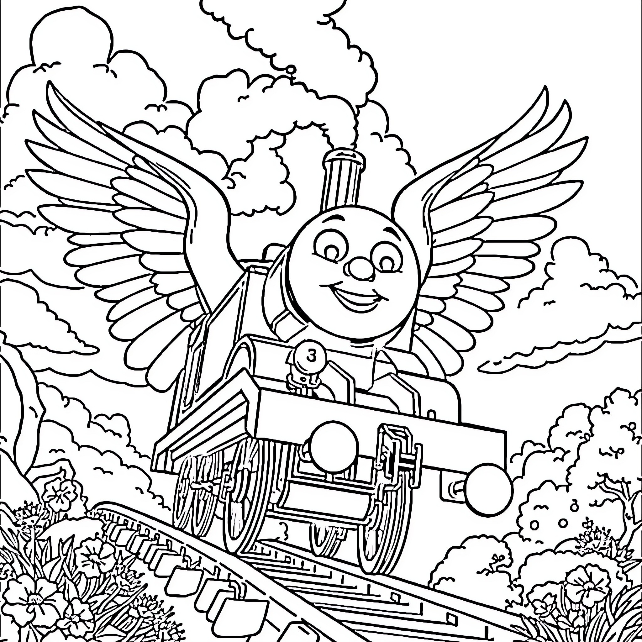 Thomas the Winged Engine Soaring Through the Clouds Coloring Page (free black-and-white line drawing printable PDF for all, from beginners to advanced learners, including children, teens, adults, and seniors)