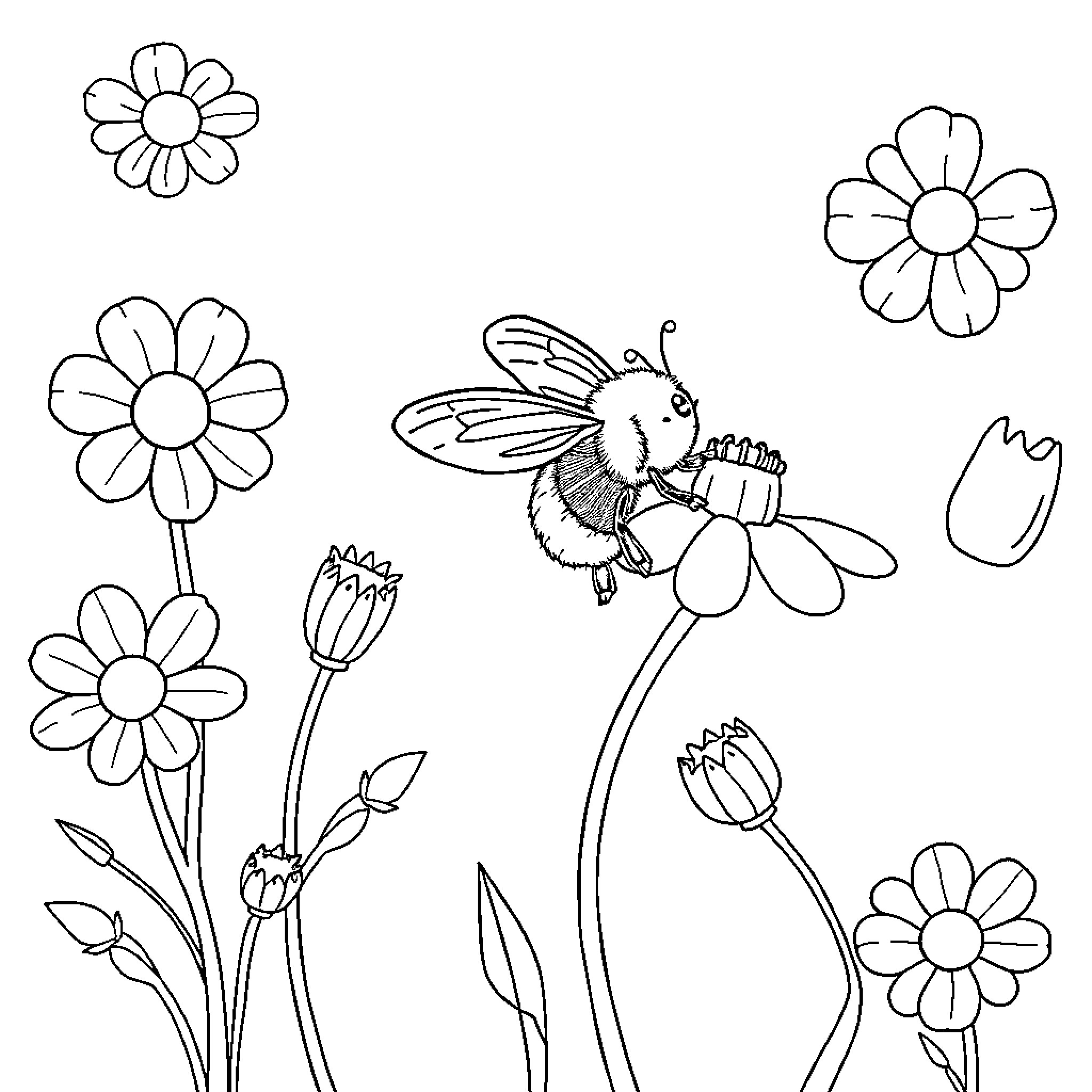 Bee pollinating flowers in a garden Coloring Page (free black-and-white line drawing printable PDF for all, from beginners to advanced learners, including children, teens, adults, and seniors)
