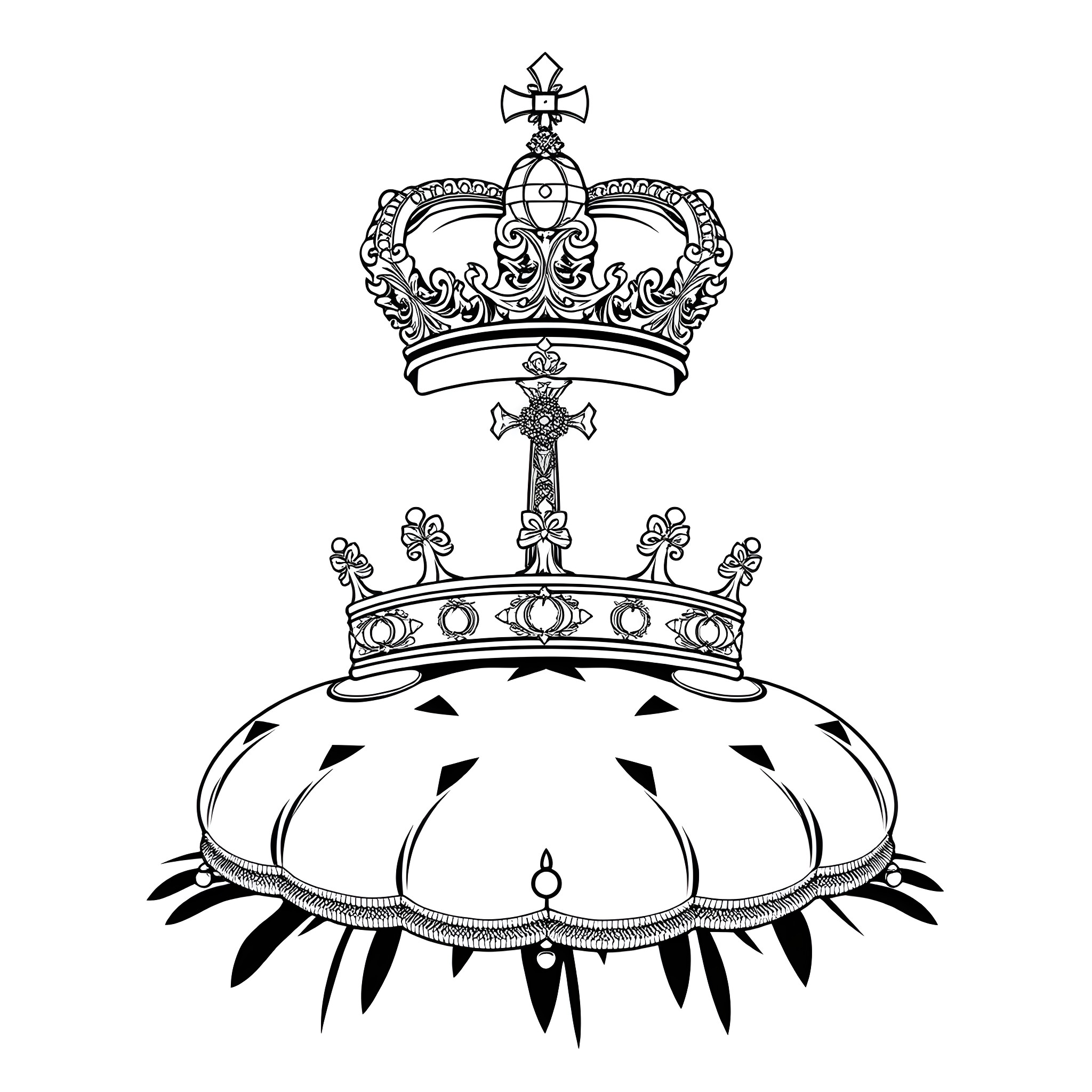 Crown with ornate patterns and religious symbols Coloring Page (free black-and-white line drawing printable PDF for all, from beginners to advanced learners, including children, teens, adults, and seniors)