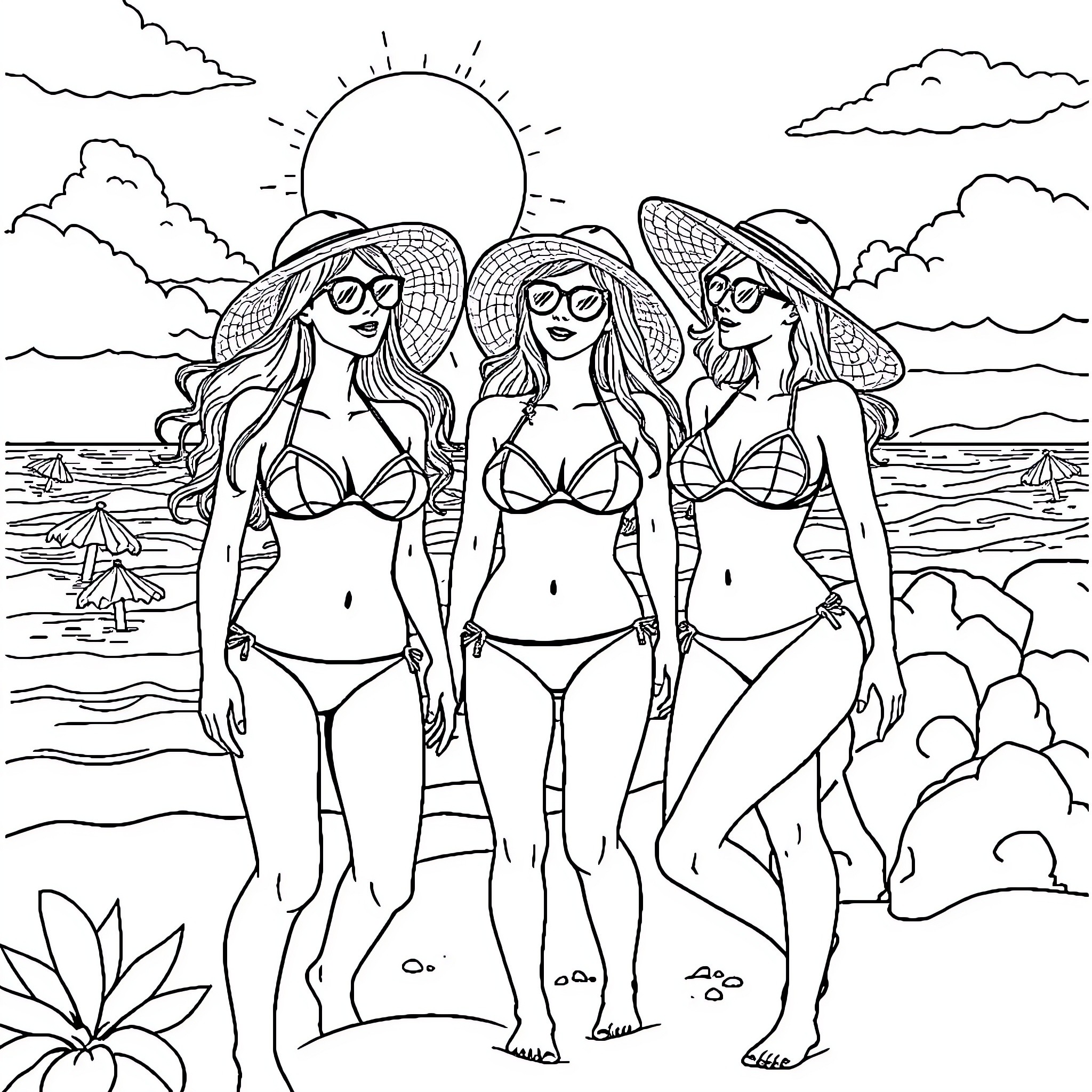Bikini Girls Enjoying the Sunny Beach Coloring Page (free black-and-white line drawing printable PDF for all, from beginners to advanced learners, including children, teens, adults, and seniors)