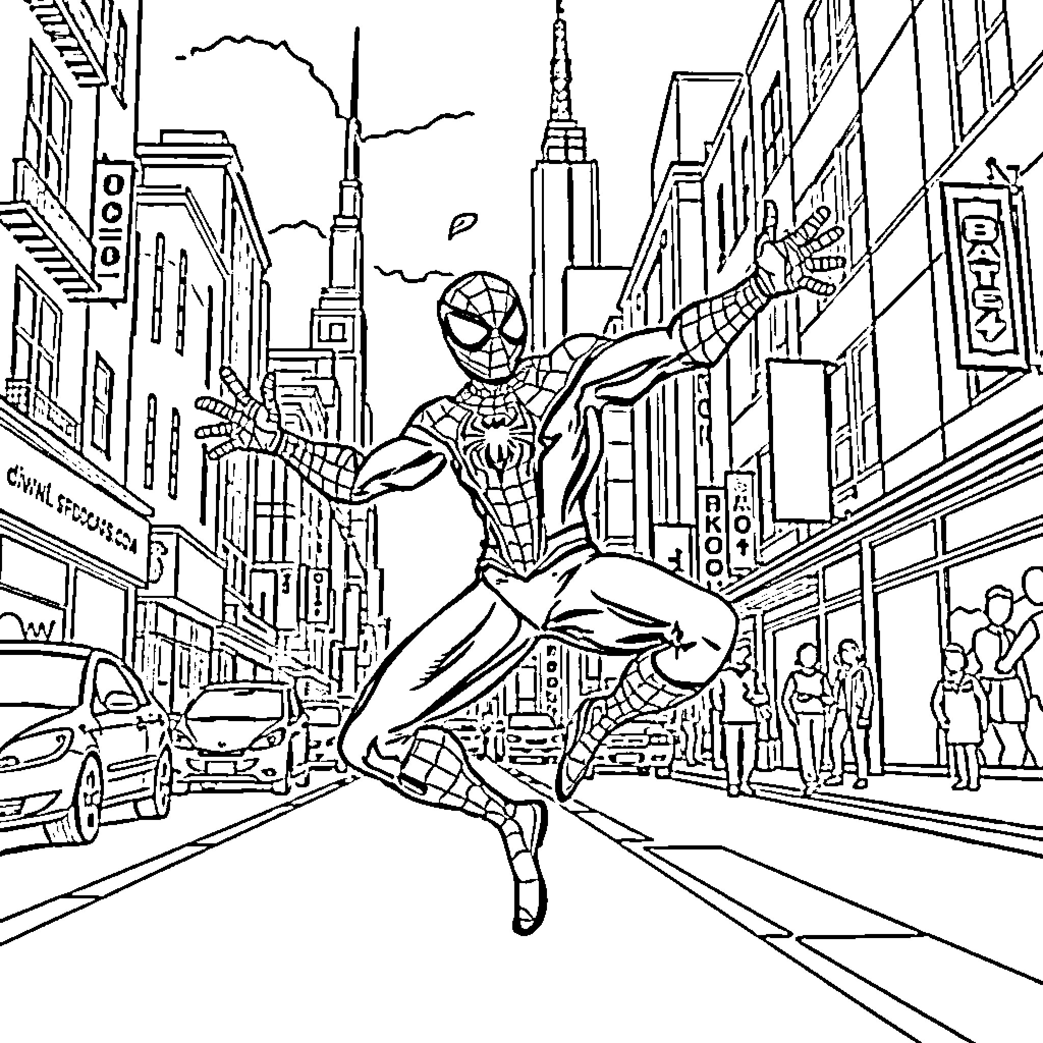 Spider-Man swinging through the city streets Coloring Page (free black-and-white line drawing printable PDF for all, from beginners to advanced learners, including children, teens, adults, and seniors)