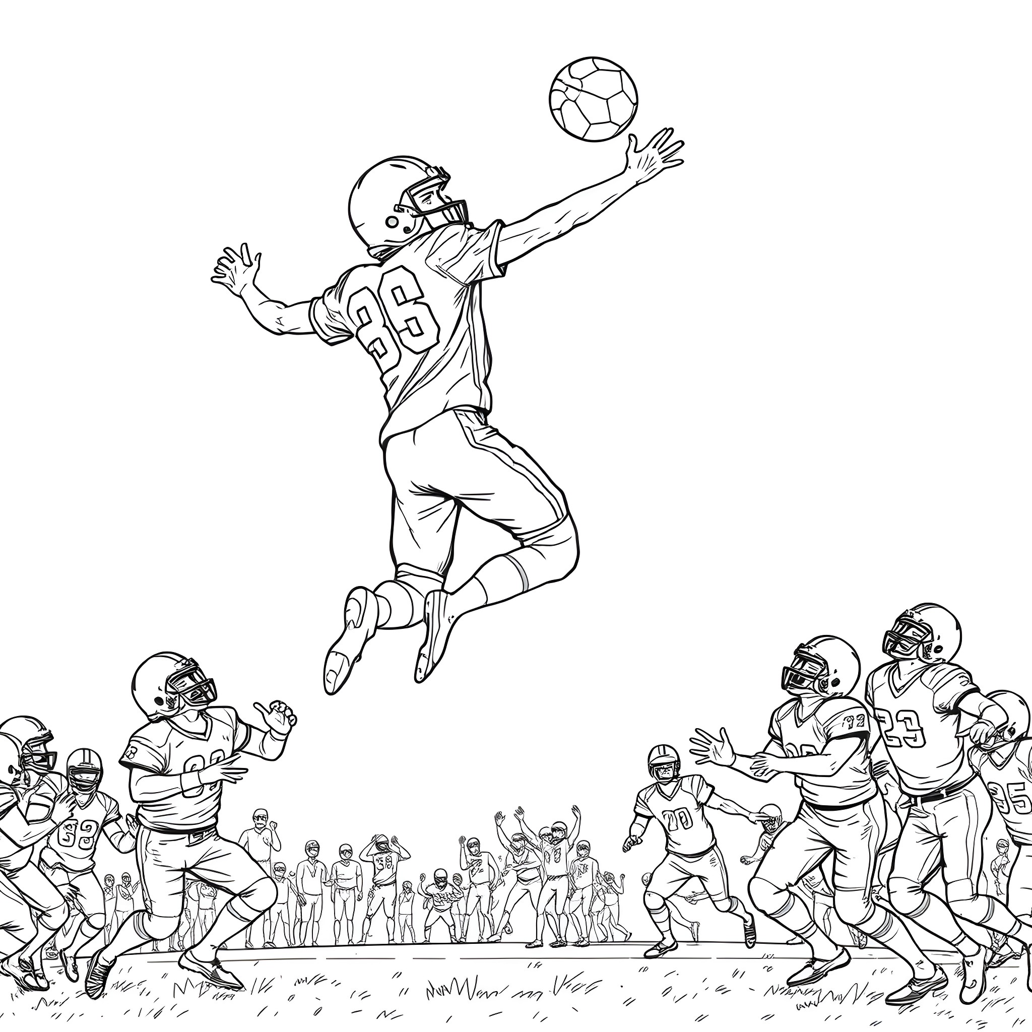 Football Player Leaping to Catch the Ball Coloring Page (free black-and-white line drawing printable PDF for all, from beginners to advanced learners, including children, teens, adults, and seniors)
