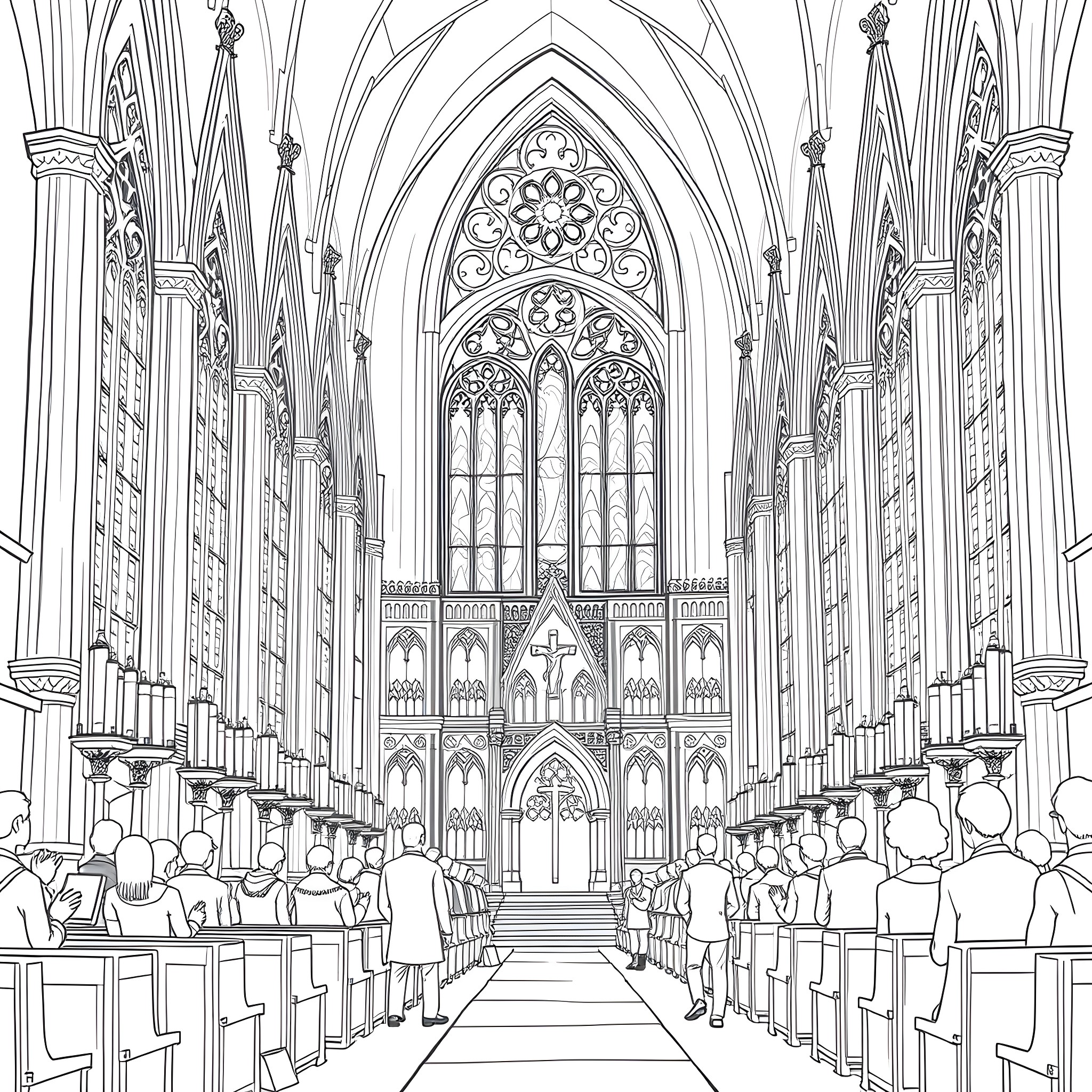 Catholic Cathedral with Intricate Gothic Architecture Coloring Page (free black-and-white line drawing printable PDF for all, from beginners to advanced learners, including children, teens, adults, and seniors)