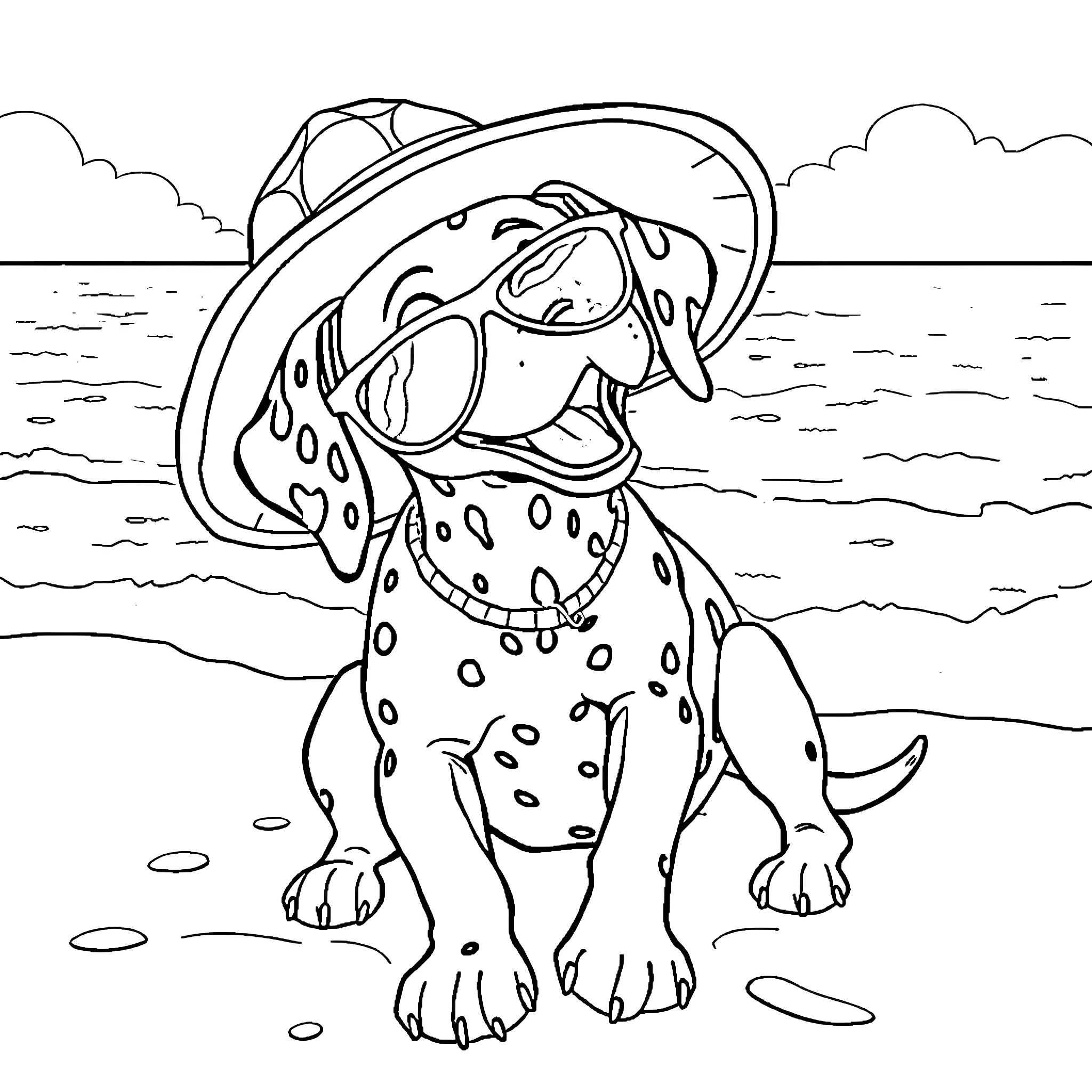 Dalmatian dog enjoying the beach Coloring Page (free black-and-white line drawing printable PDF for all, from beginners to advanced learners, including children, teens, adults, and seniors)