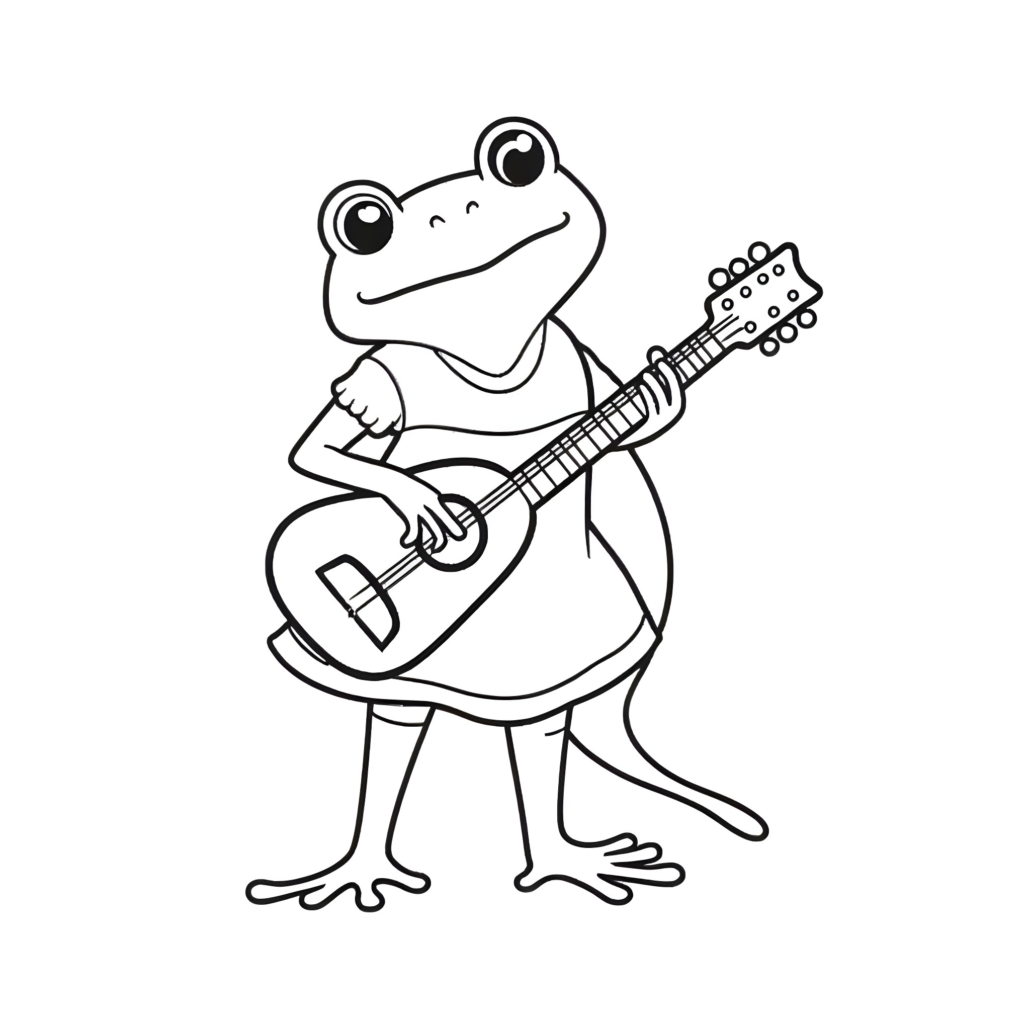 Frog playing guitar joyfully Coloring Page (free black-and-white line drawing printable PDF for all, from beginners to advanced learners, including children, teens, adults, and seniors)