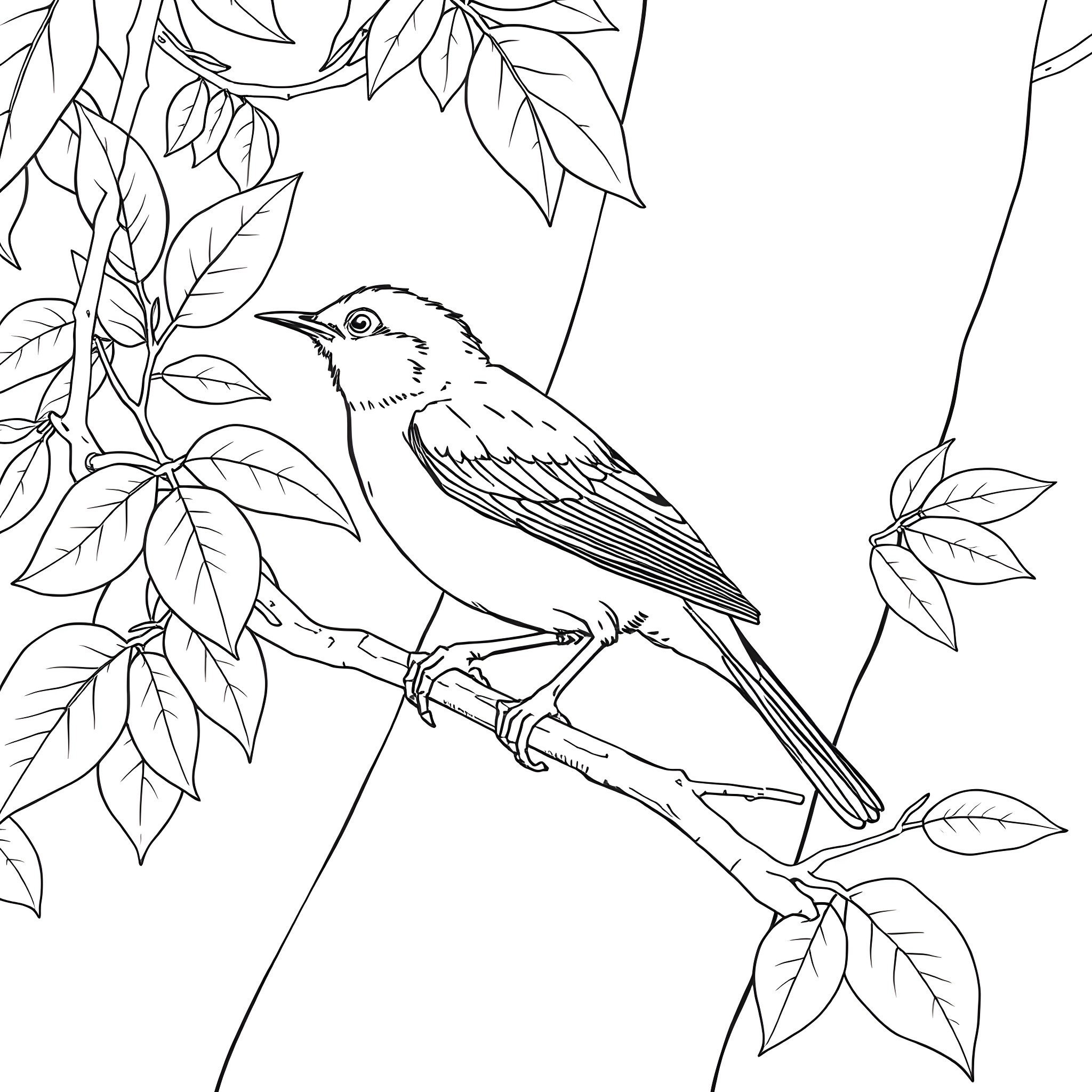 Spinus Tristis sitting on a branch surrounded by leaves Coloring Page (free black-and-white line drawing printable PDF for all, from beginners to advanced learners, including children, teens, adults, and seniors)