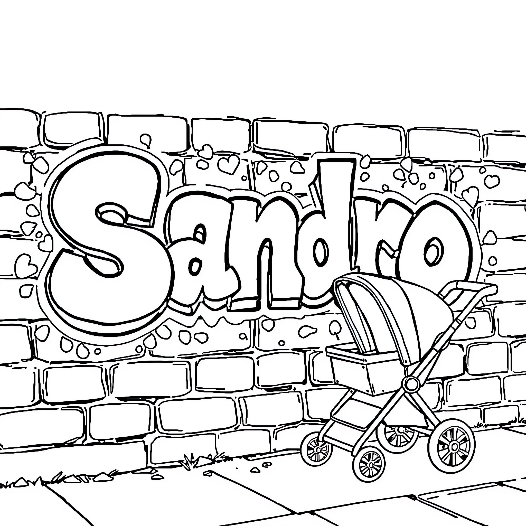 Sandro's Graffiti Art and Baby Carriage Coloring Page (free black-and-white line drawing printable PDF for all, from beginners to advanced learners, including children, teens, adults, and seniors)