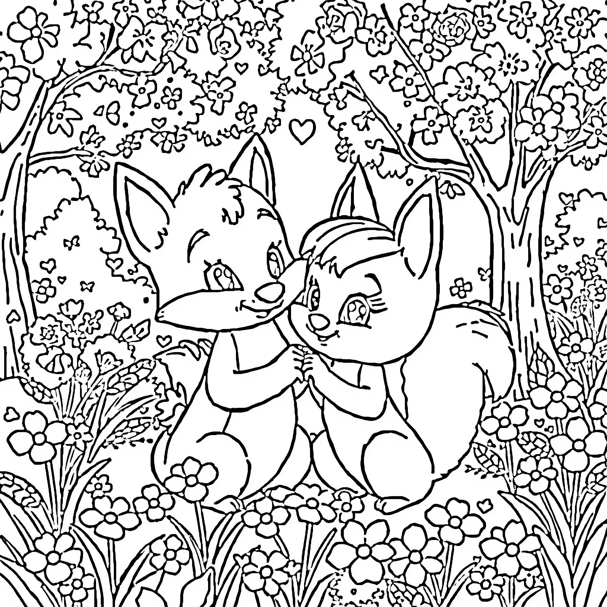 Nick and Judy relaxing in a flowery meadow Coloring Page (free black-and-white line drawing printable PDF for all, from beginners to advanced learners, including children, teens, adults, and seniors)