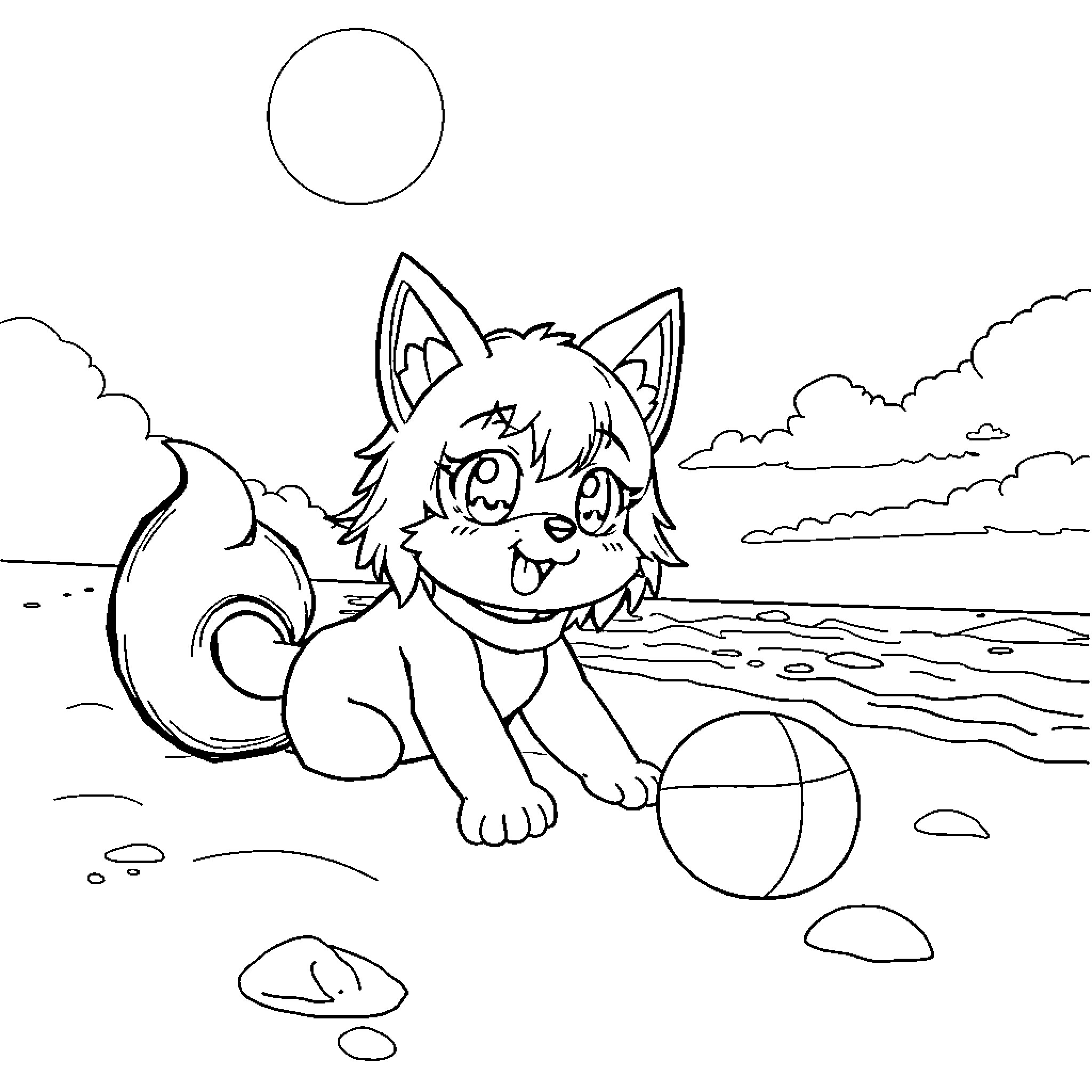 Kuromi playing with a beach ball by the ocean Coloring Page (free black-and-white line drawing printable PDF for all, from beginners to advanced learners, including children, teens, adults, and seniors)