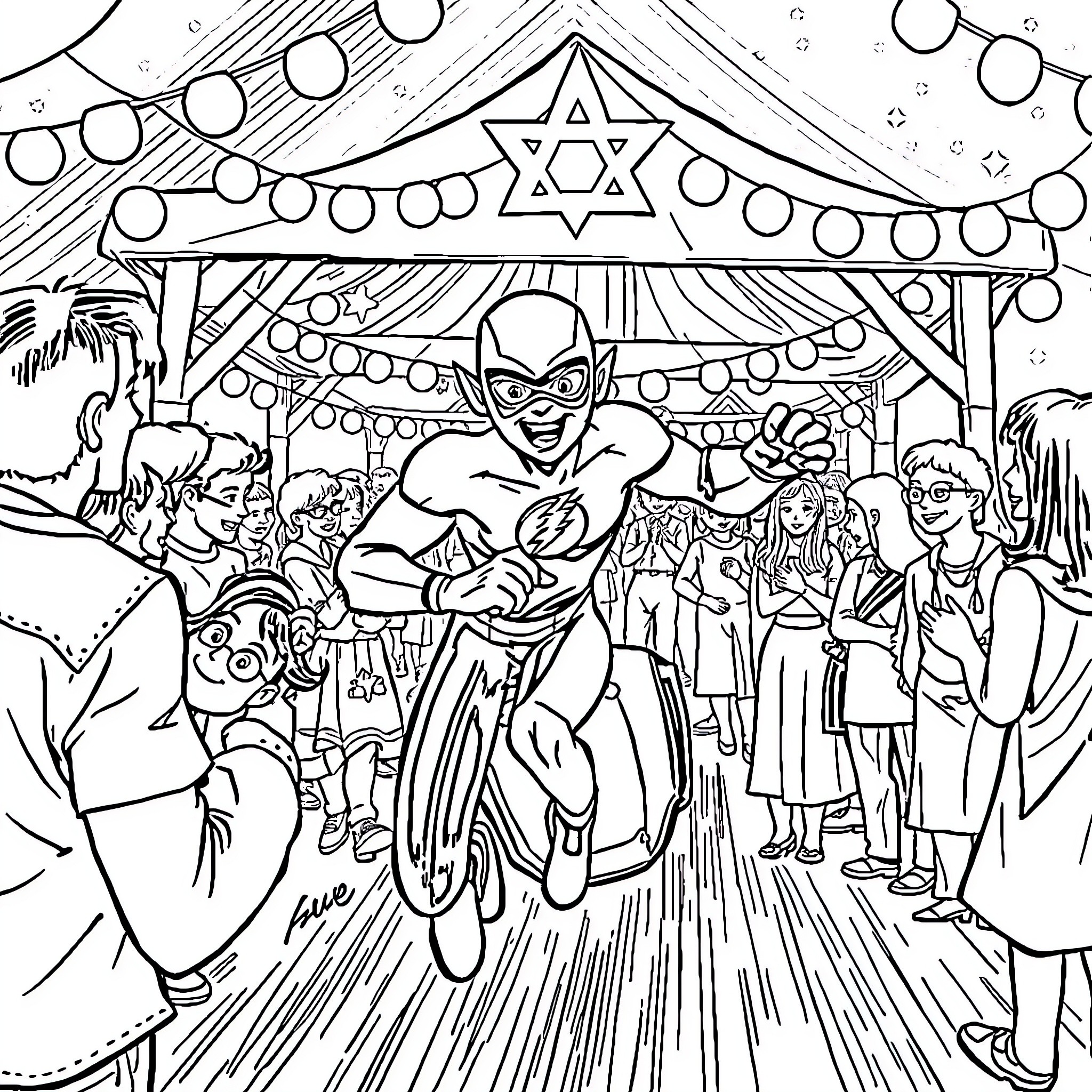 Flash of Joy at the Festive Celebration Coloring Page (free black-and-white line drawing printable PDF for all, from beginners to advanced learners, including children, teens, adults, and seniors)