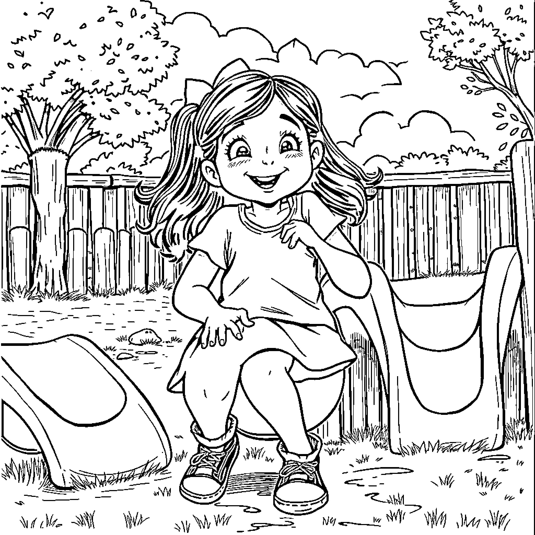 Girl playing happily in the backyard Coloring Page (free black-and-white line drawing printable PDF for all, from beginners to advanced learners, including children, teens, adults, and seniors)