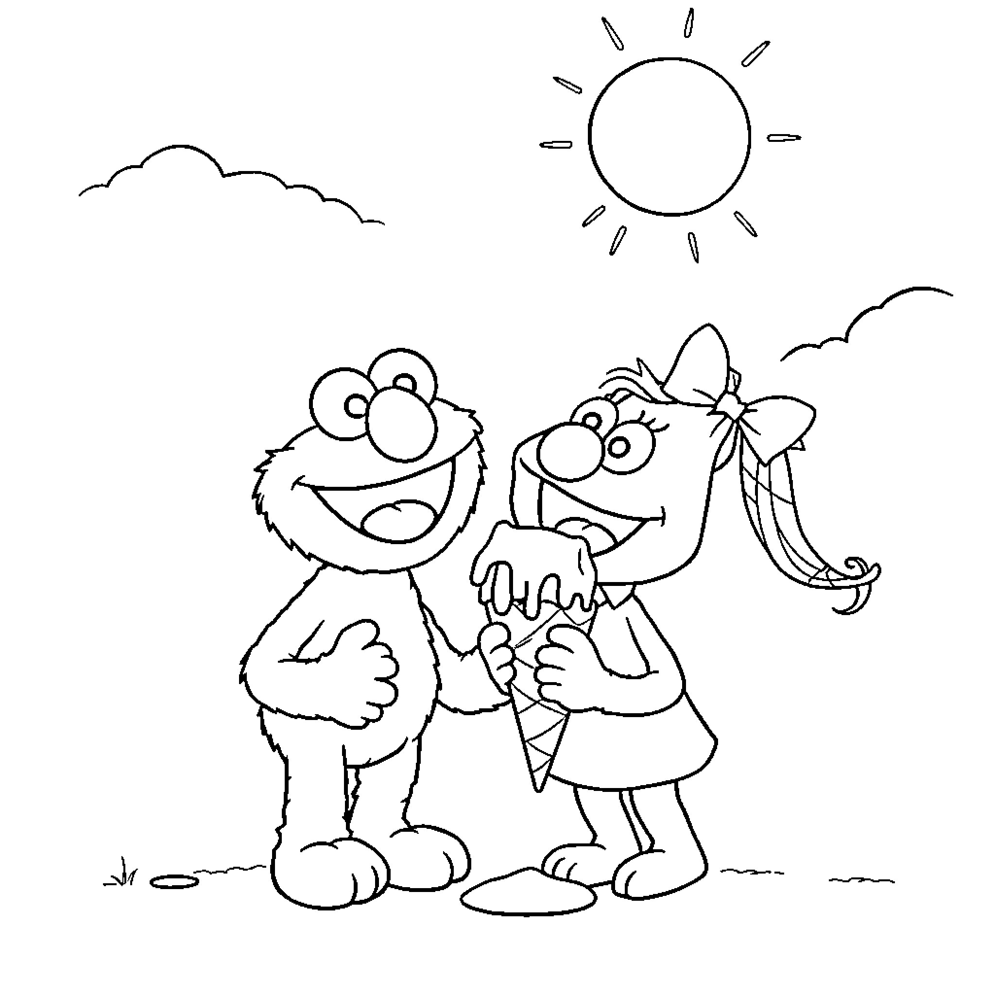 Elmo and friend enjoying ice cream in the sun Coloring Page (free black-and-white line drawing printable PDF for all, from beginners to advanced learners, including children, teens, adults, and seniors)