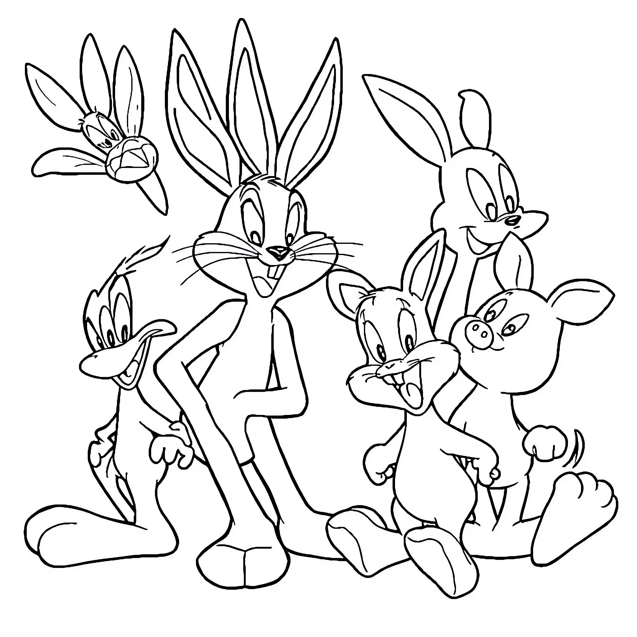 Looney Tunes characters in mischievous poses Coloring Page (free black-and-white line drawing printable PDF for all, from beginners to advanced learners, including children, teens, adults, and seniors)