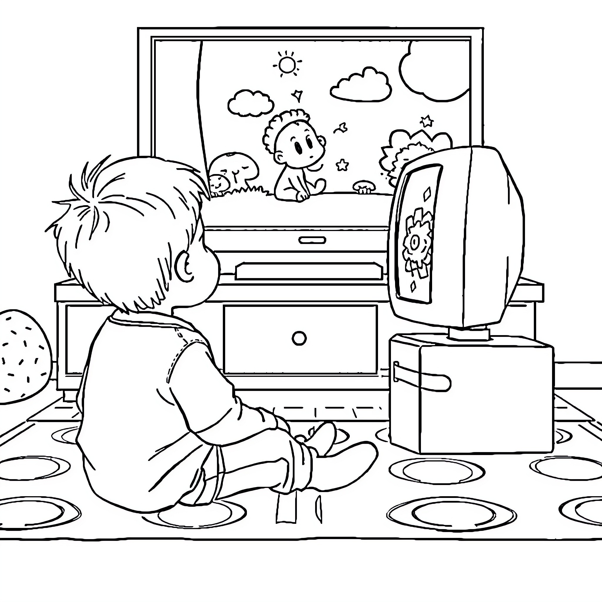 Boy watching cartoon characters on TV screen Coloring Page (free black-and-white line drawing printable PDF for all, from beginners to advanced learners, including children, teens, adults, and seniors)