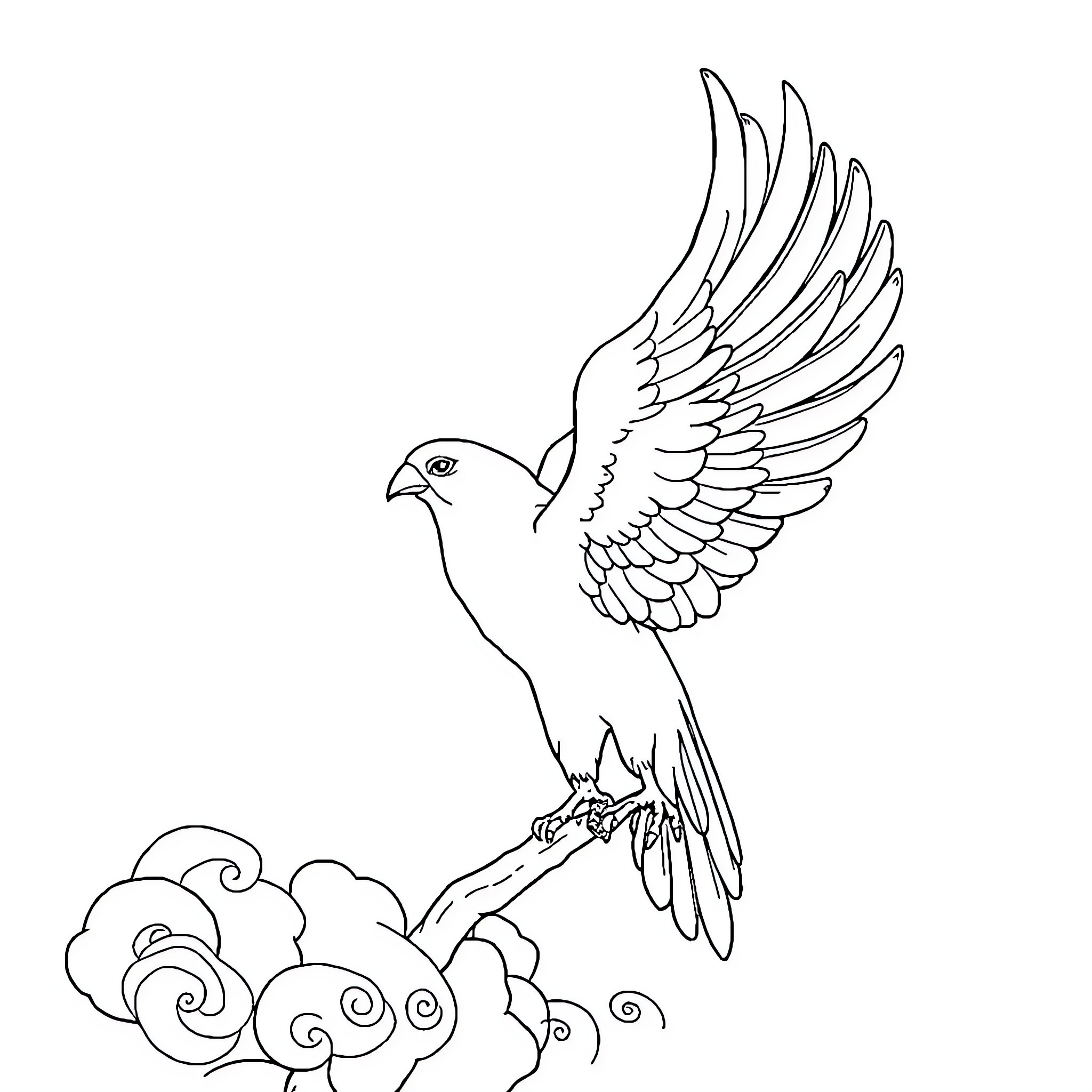Phoenix soaring amidst clouds Coloring Page (free black-and-white line drawing printable PDF for all, from beginners to advanced learners, including children, teens, adults, and seniors)