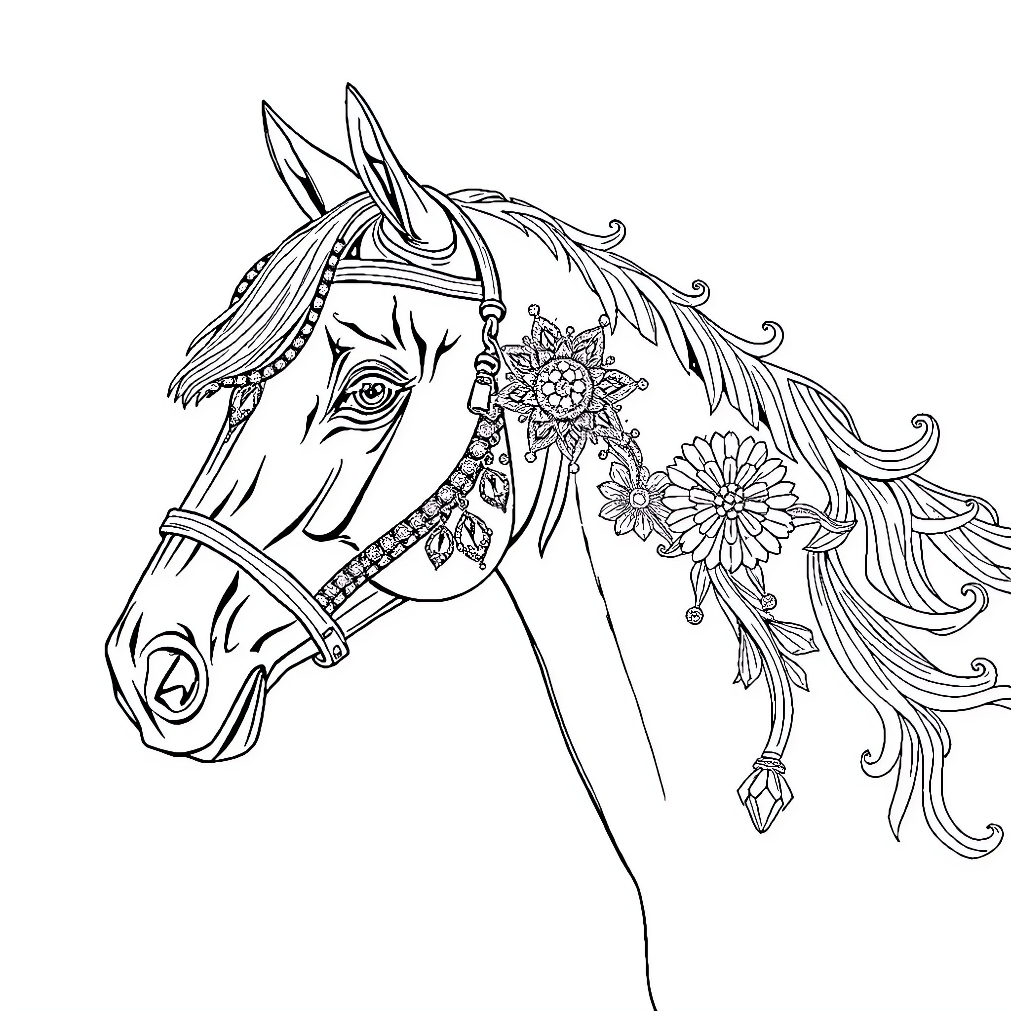 Horse with Ornate Floral Bridle and Accessories Coloring Page (free black-and-white line drawing printable PDF for all, from beginners to advanced learners, including children, teens, adults, and seniors)