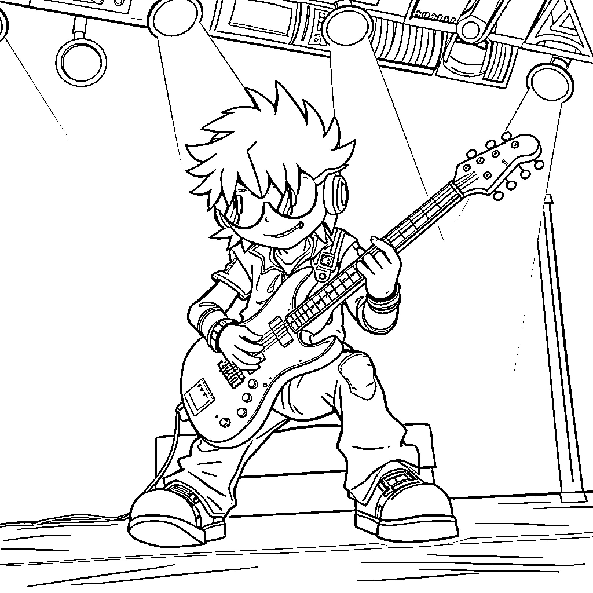 Video Game Character Playing Electric Guitar on Stage Coloring Page (free black-and-white line drawing printable PDF for all, from beginners to advanced learners, including children, teens, adults, and seniors)