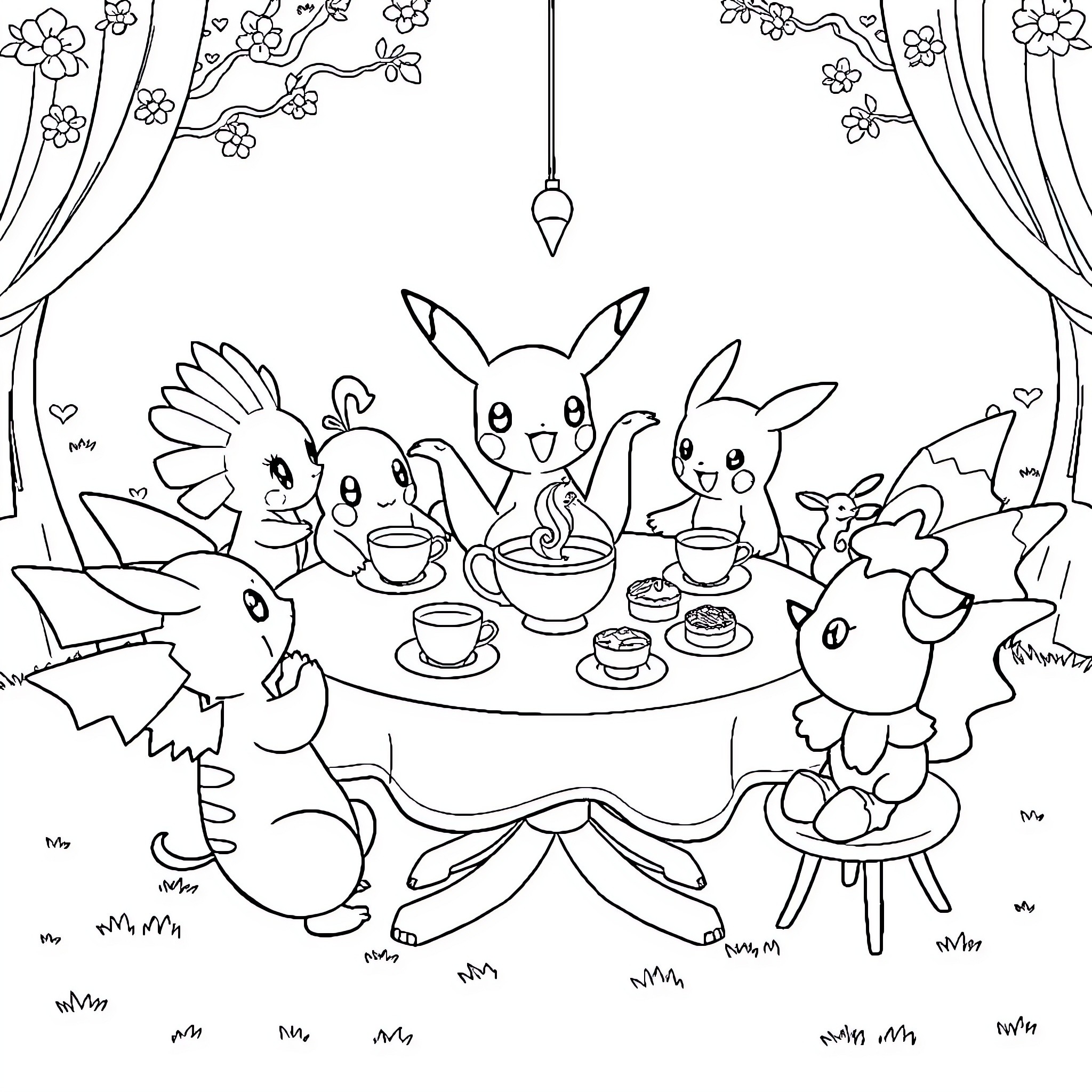 Pokémon characters having a tea party in the woods Coloring Page (free black-and-white line drawing printable PDF for all, from beginners to advanced learners, including children, teens, adults, and seniors)