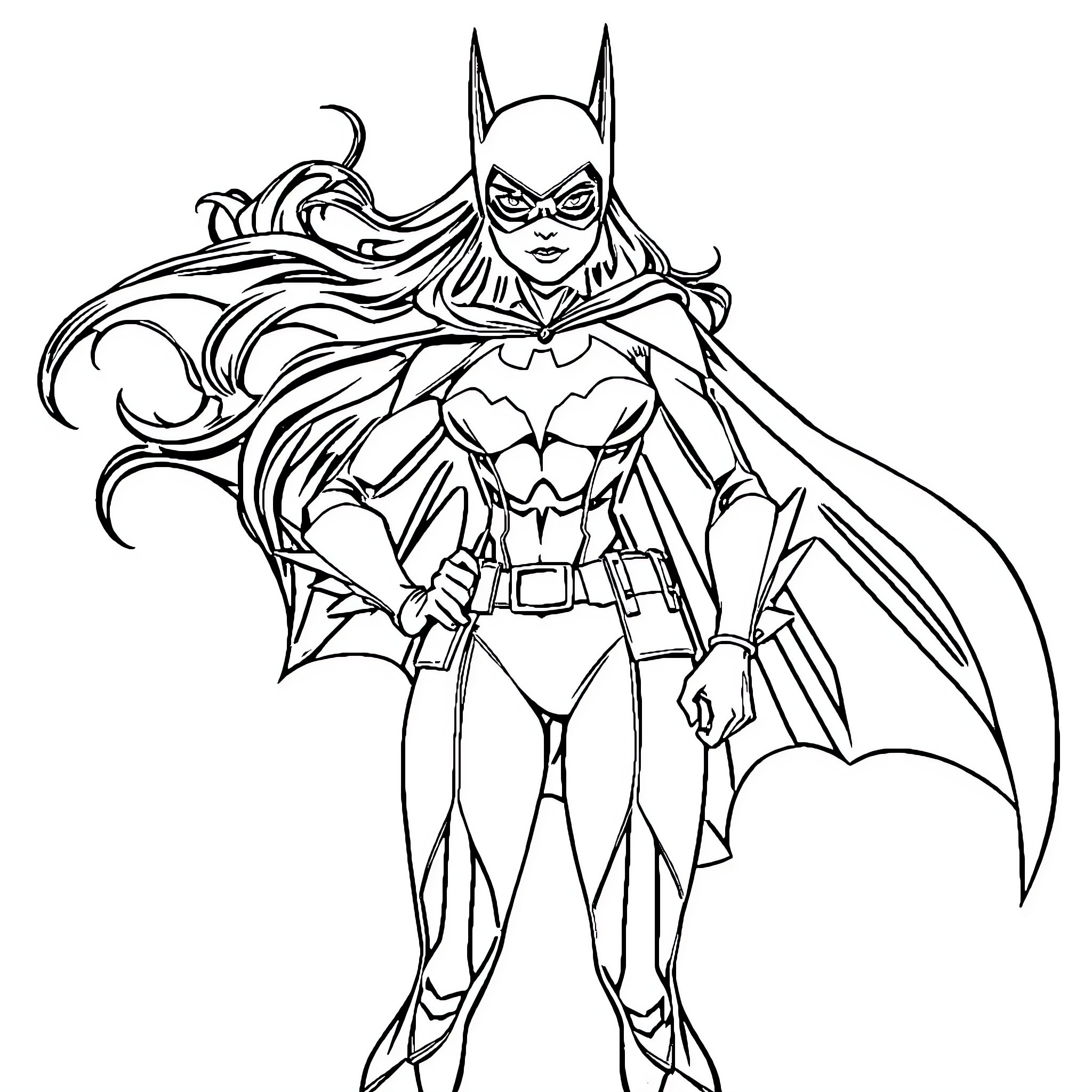 Batgirl in heroic pose Coloring Page (free black-and-white line drawing printable PDF for all, from beginners to advanced learners, including children, teens, adults, and seniors)