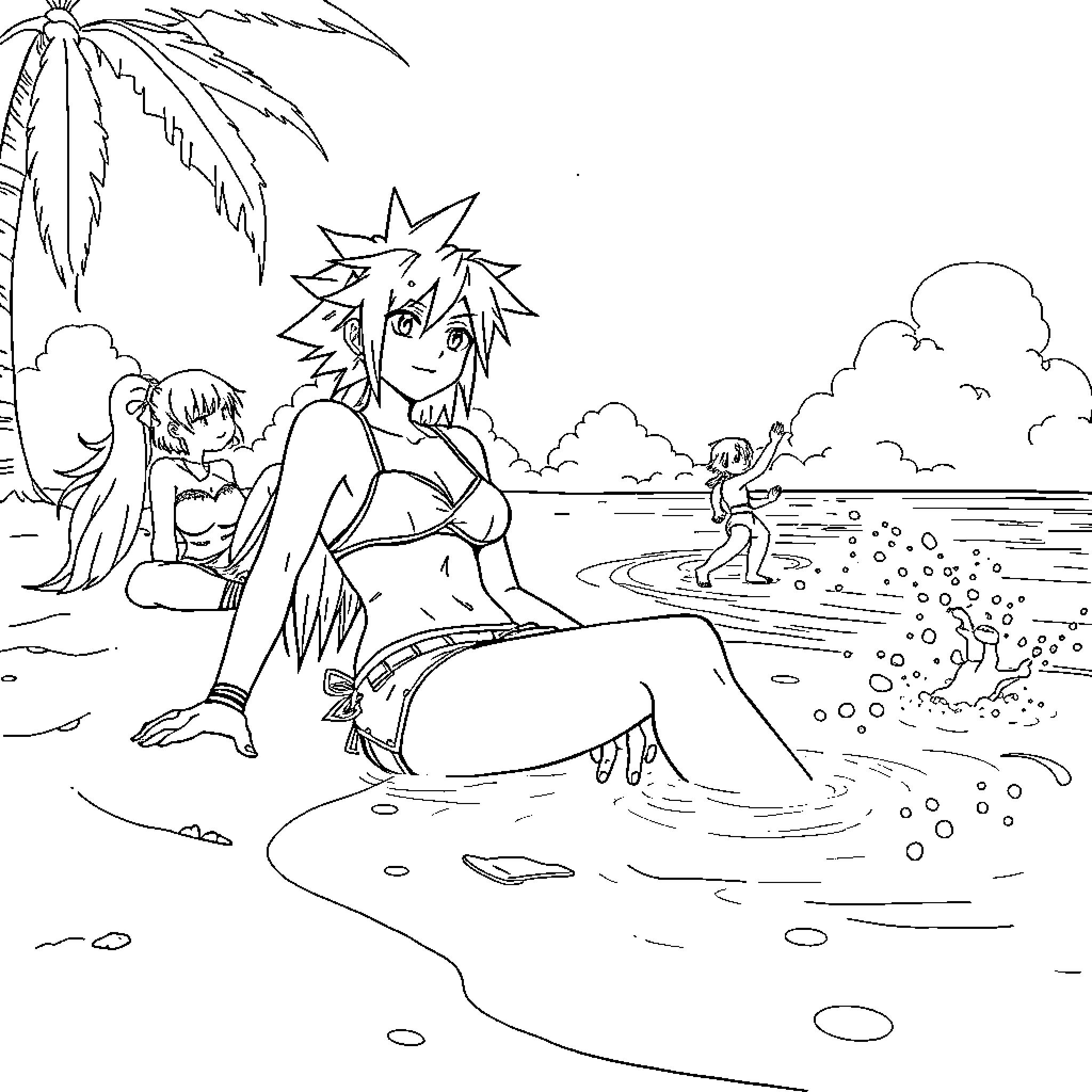 Cloud of friends playing in the ocean Coloring Page (free black-and-white line drawing printable PDF for all, from beginners to advanced learners, including children, teens, adults, and seniors)