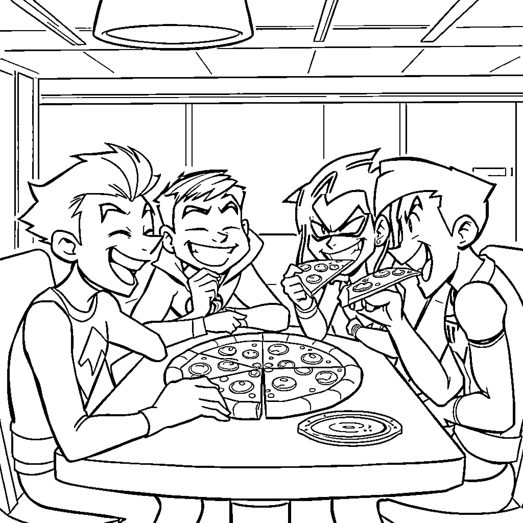 Teen Titans Enjoying Pizza Party in Their Hideout Coloring Page (free black-and-white line drawing printable PDF for all, from beginners to advanced learners, including children, teens, adults, and seniors)