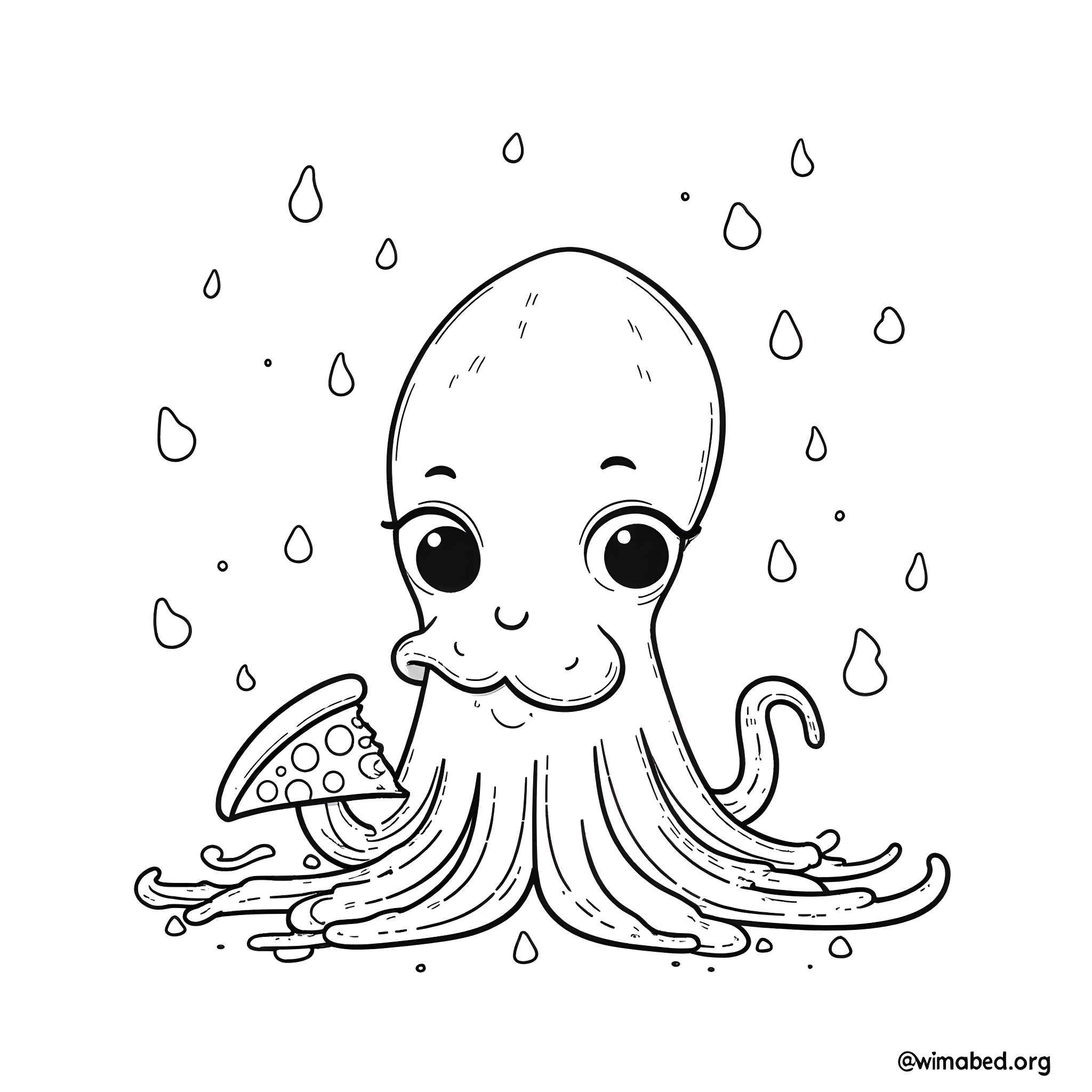 Squid enjoying a slice of pizza in the rain Coloring Page (free black-and-white line drawing printable PDF for all, from beginners to advanced learners, including children, teens, adults, and seniors)