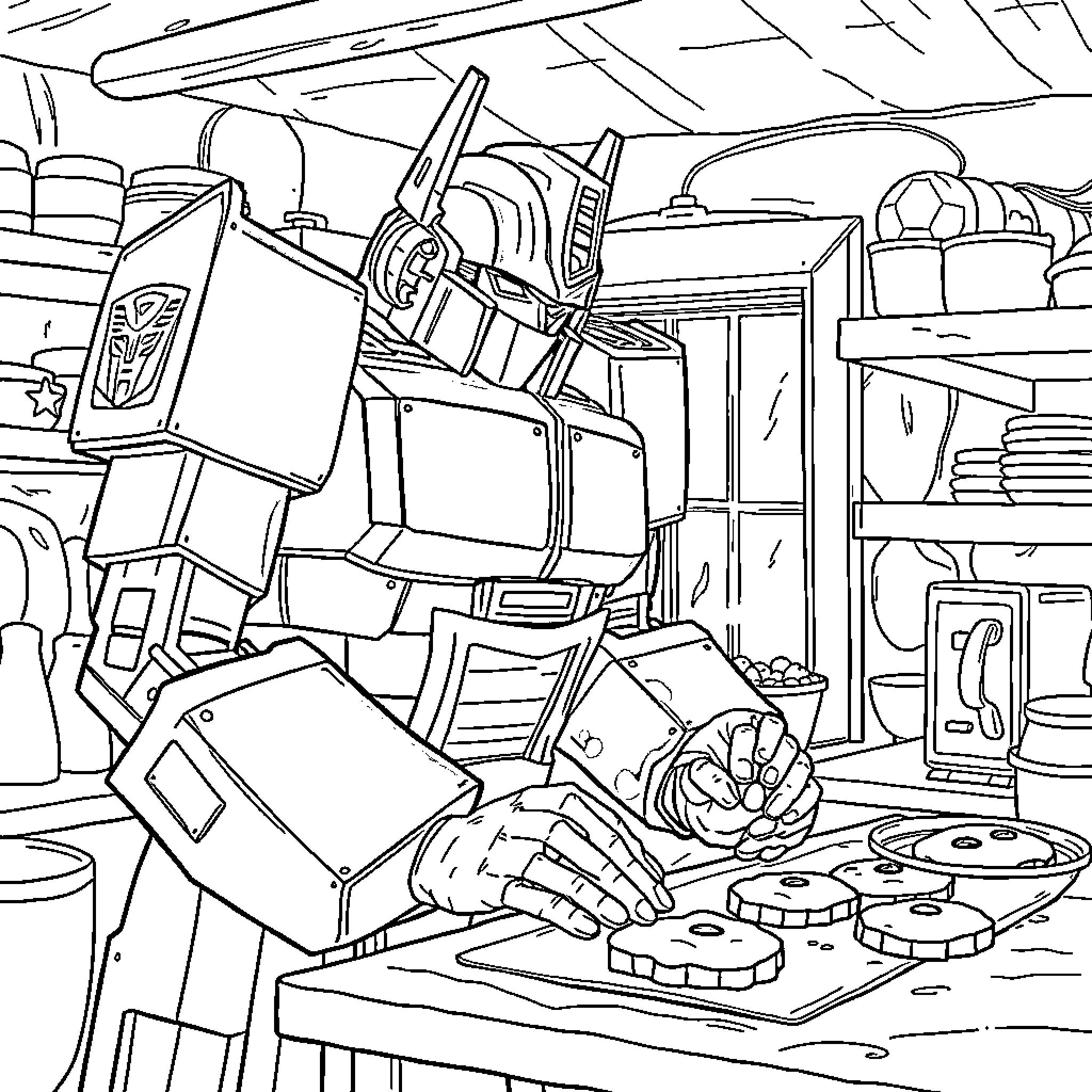 Optimus Prime's Workshop with Transformers Parts and Tools Coloring Page (free black-and-white line drawing printable PDF for all, from beginners to advanced learners, including children, teens, adults, and seniors)