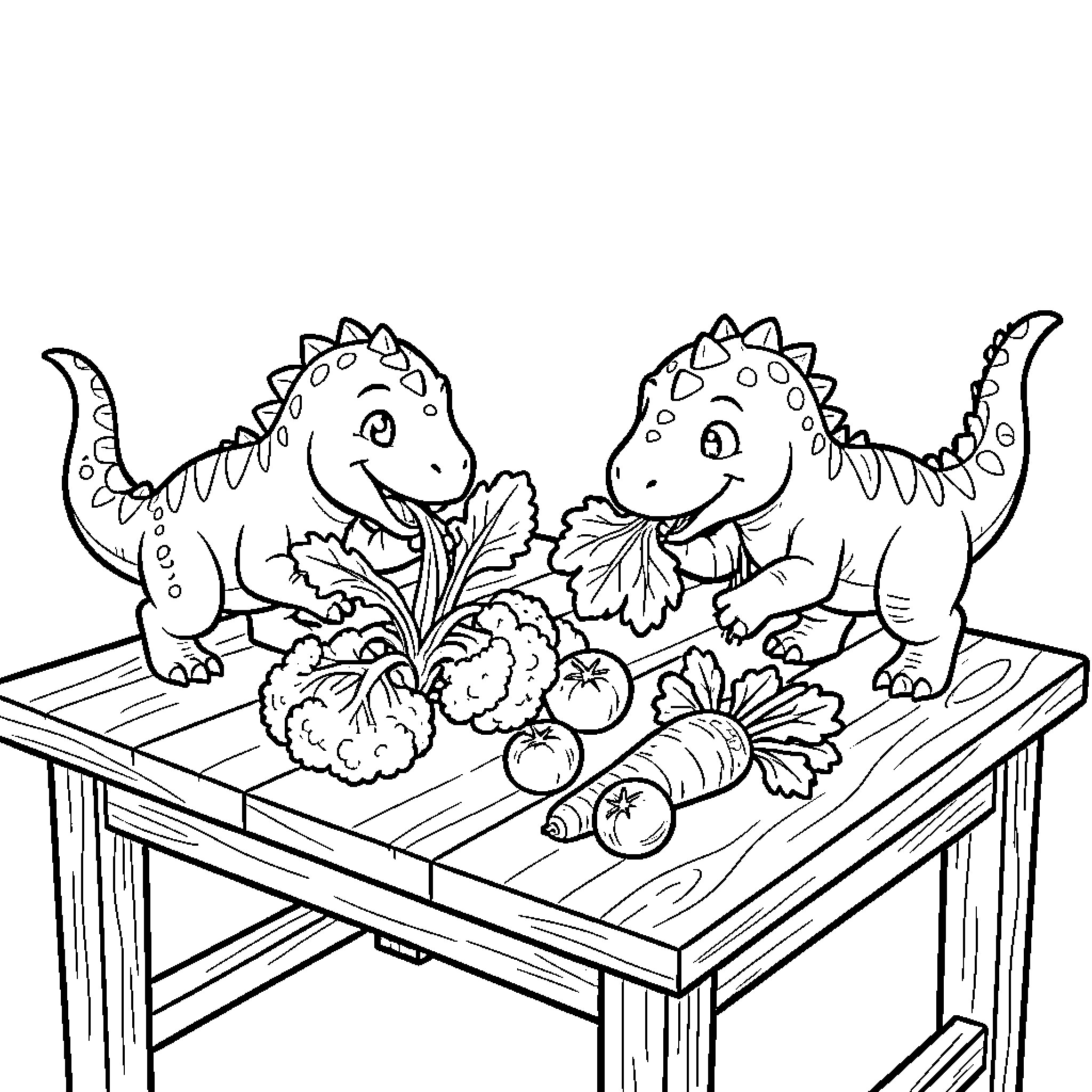 Dinosaur characters eating fresh vegetables on a table Coloring Page (free black-and-white line drawing printable PDF for all, from beginners to advanced learners, including children, teens, adults, and seniors)