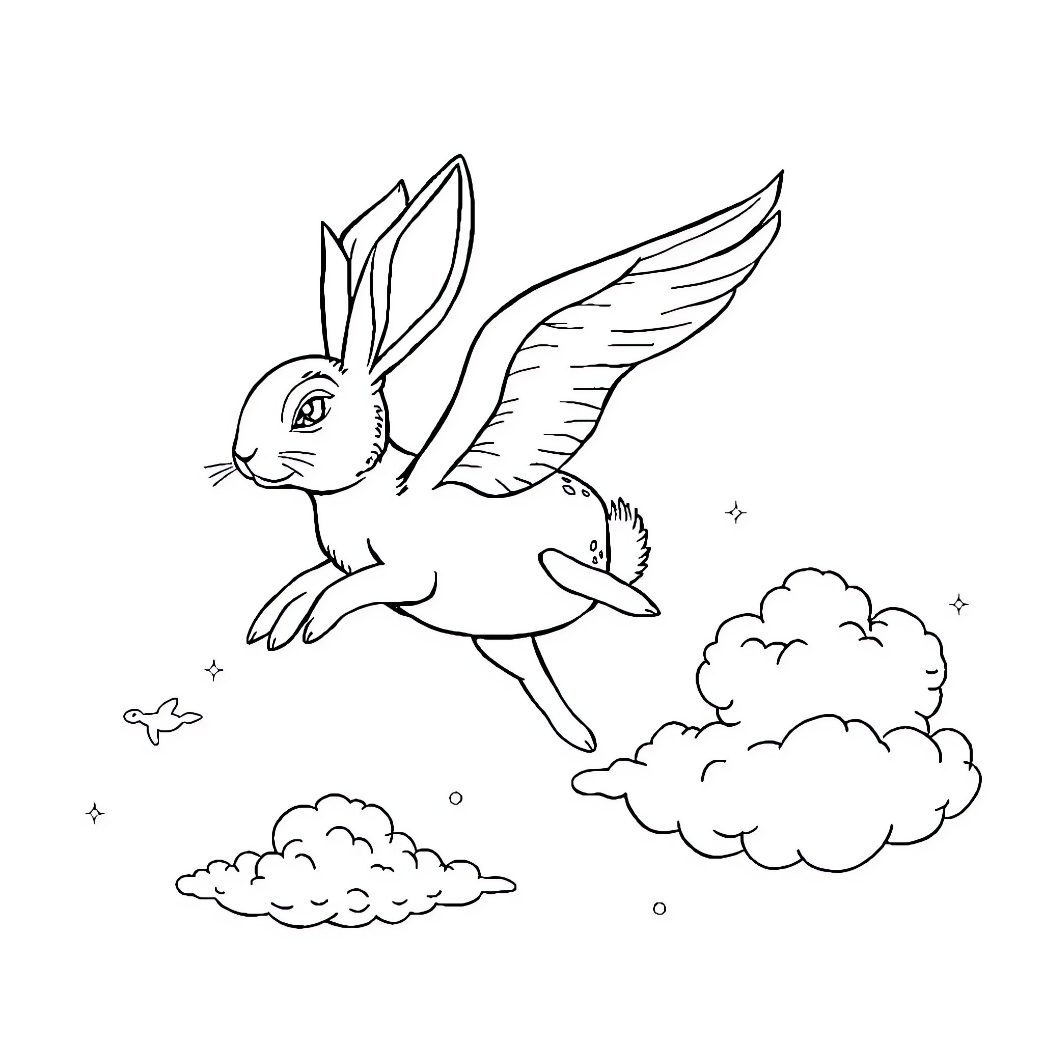 Rabbit soaring above the clouds with wings Coloring Page (free black-and-white line drawing printable PDF for all, from beginners to advanced learners, including children, teens, adults, and seniors)