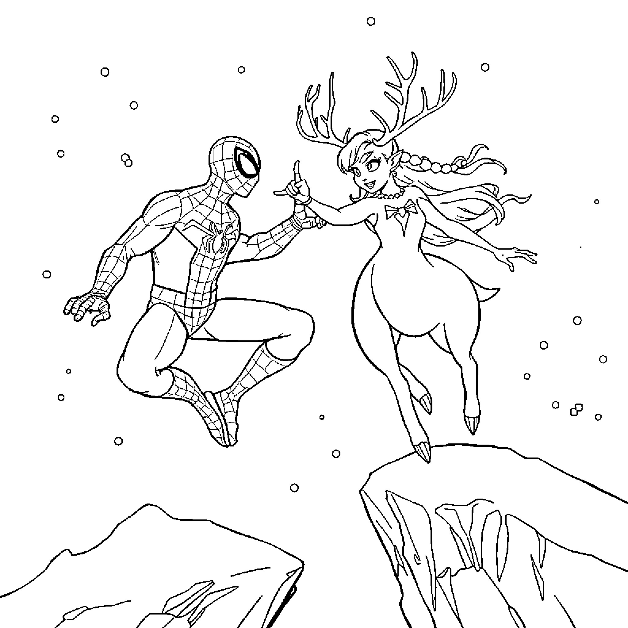 Reine des Neiges - Spider-Man and Snow Queen's Magical Dance Coloring Page (free black-and-white line drawing printable PDF for all, from beginners to advanced learners, including children, teens, adults, and seniors)