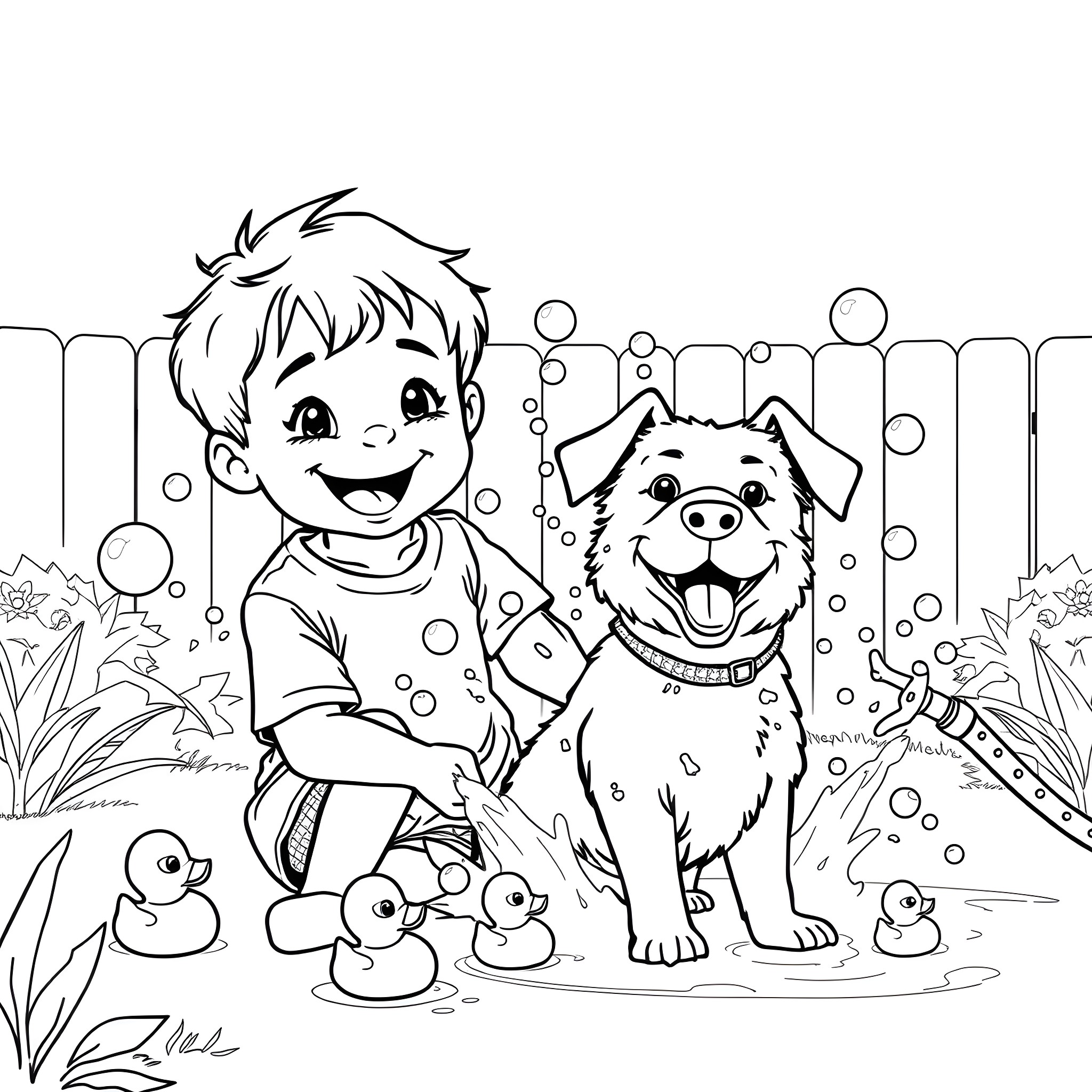 Kid playing happily with dog and ducklings Coloring Page (free black-and-white line drawing printable PDF for all, from beginners to advanced learners, including children, teens, adults, and seniors)