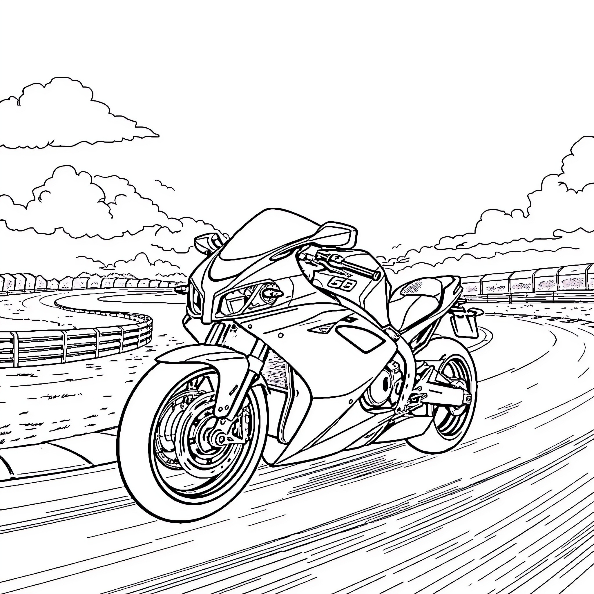 BMW Motorcycle Speeding on Racetrack Coloring Page (free black-and-white line drawing printable PDF for all, from beginners to advanced learners, including children, teens, adults, and seniors)