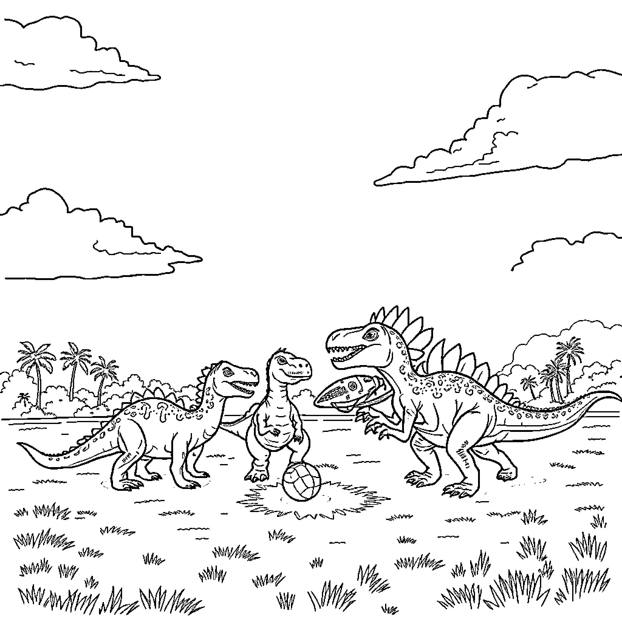 Dinosaurs exploring their prehistoric habitat Coloring Page (free black-and-white line drawing printable PDF for all, from beginners to advanced learners, including children, teens, adults, and seniors)