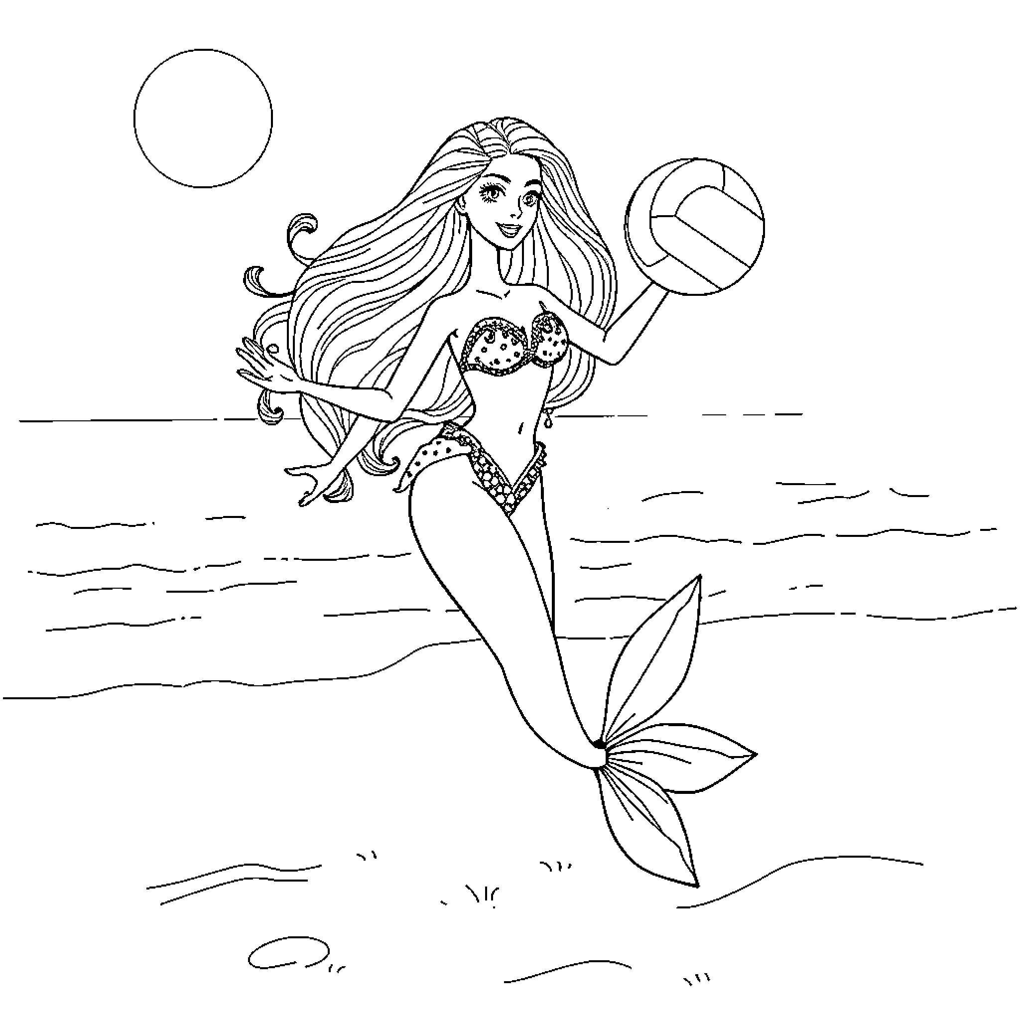 Barbie mermaid playing with volleyball in the ocean Coloring Page (free black-and-white line drawing printable PDF for all, from beginners to advanced learners, including children, teens, adults, and seniors)