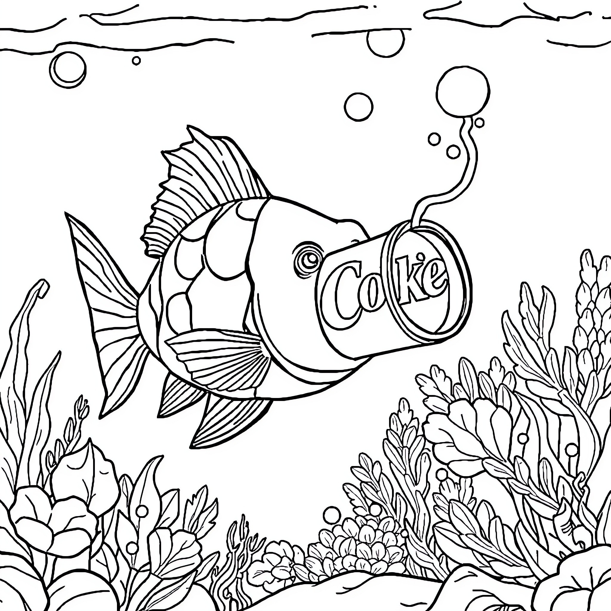 Fish swimming with a Coke can in an underwater scene Coloring Page (free black-and-white line drawing printable PDF for all, from beginners to advanced learners, including children, teens, adults, and seniors)