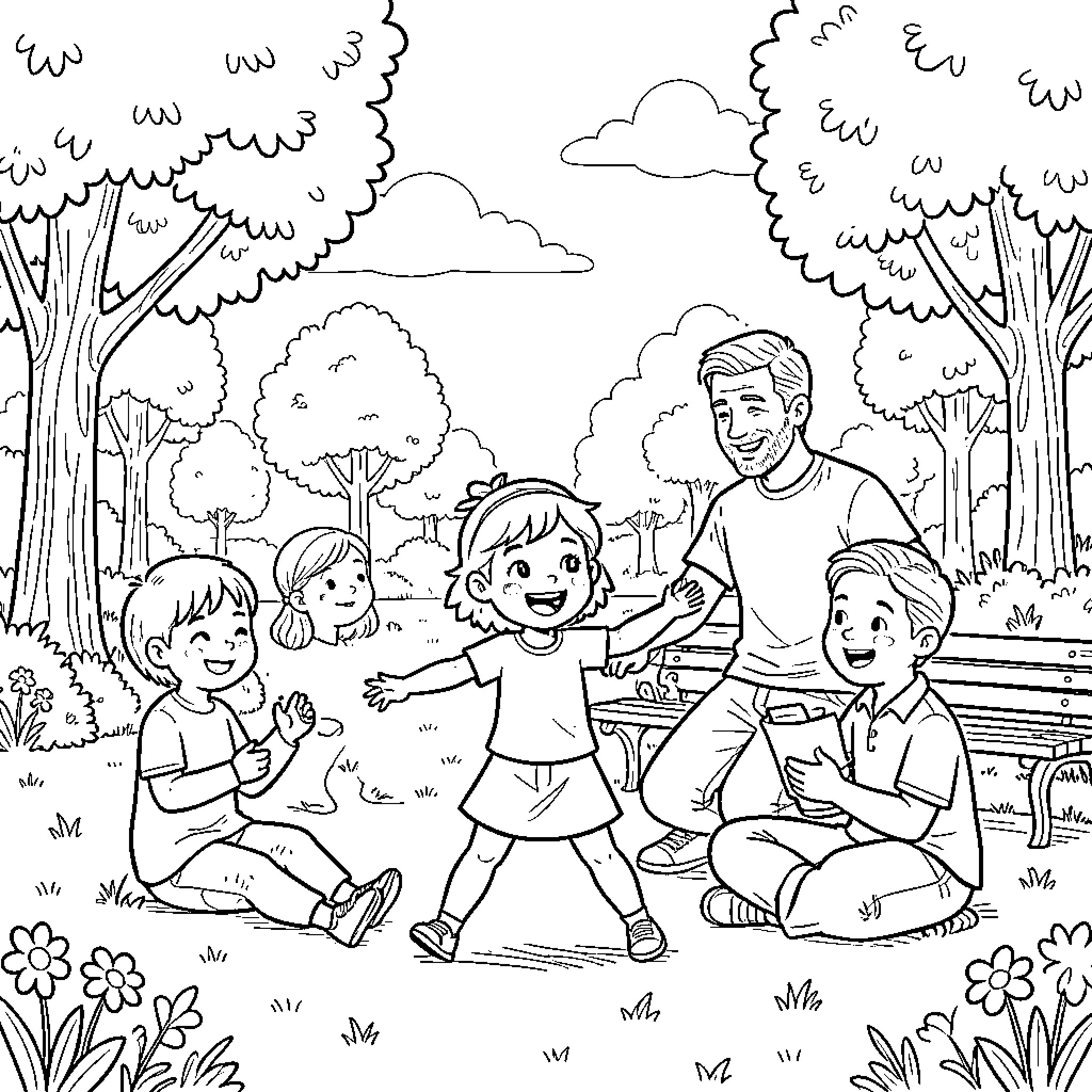 Child playing joyfully with family in a park Coloring Page (free black-and-white line drawing printable PDF for all, from beginners to advanced learners, including children, teens, adults, and seniors)