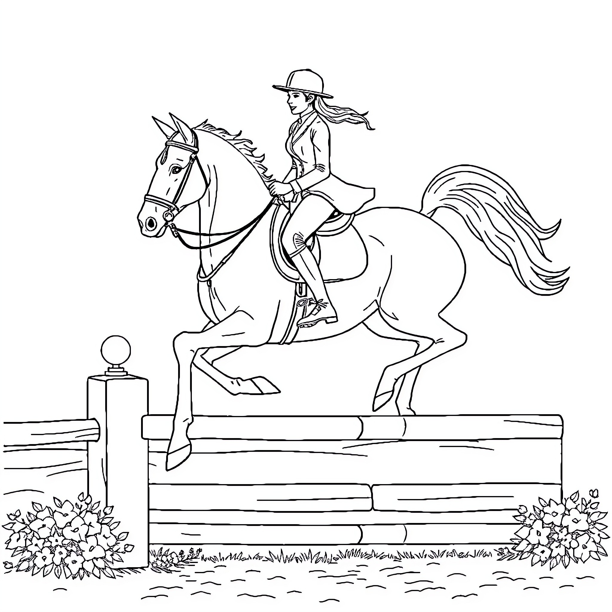 Cavalier Equestrian Jumps Hurdle with Grace Coloring Page (free black-and-white line drawing printable PDF for all, from beginners to advanced learners, including children, teens, adults, and seniors)