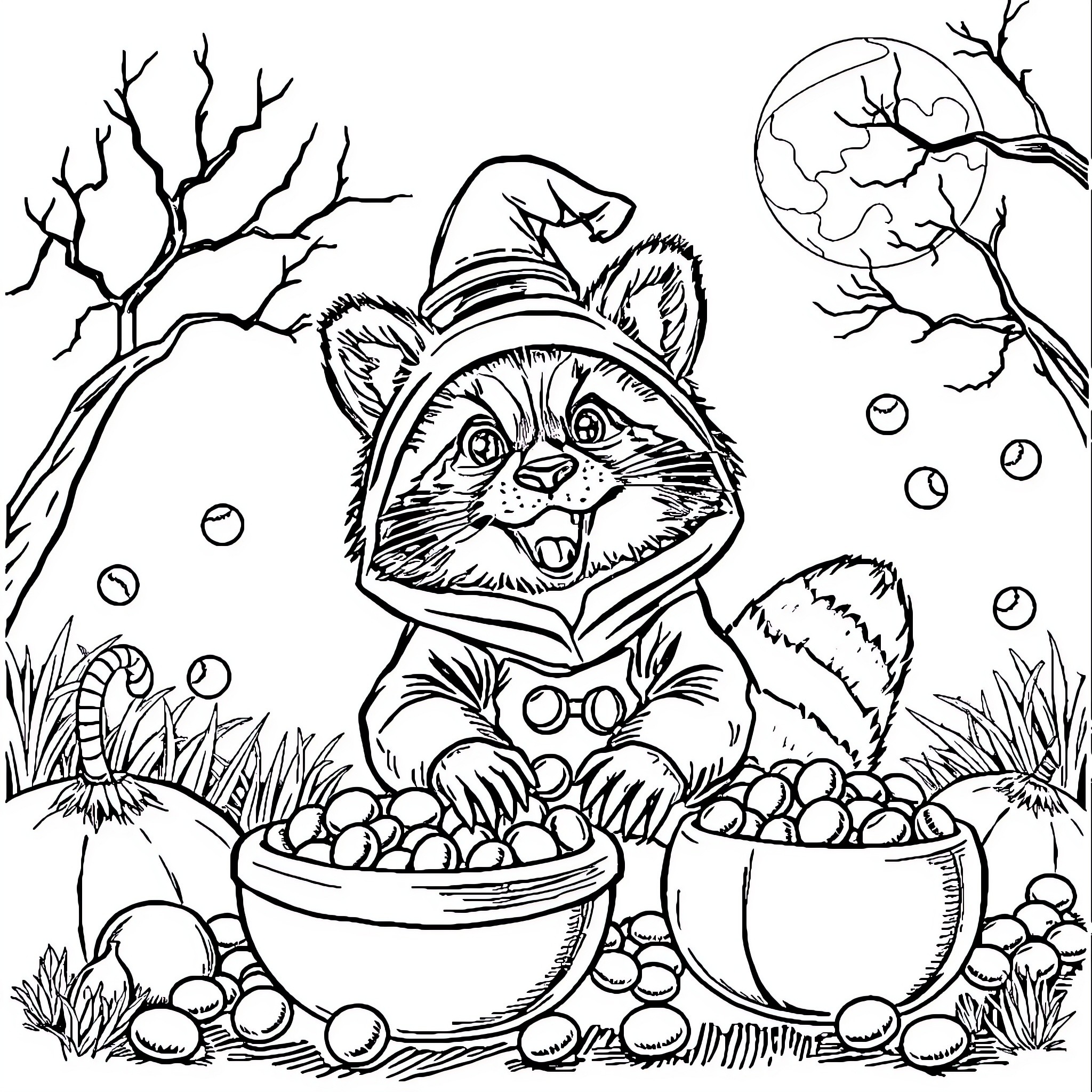 Raccoon enjoying a meal under the moonlight Coloring Page (free black-and-white line drawing printable PDF for all, from beginners to advanced learners, including children, teens, adults, and seniors)