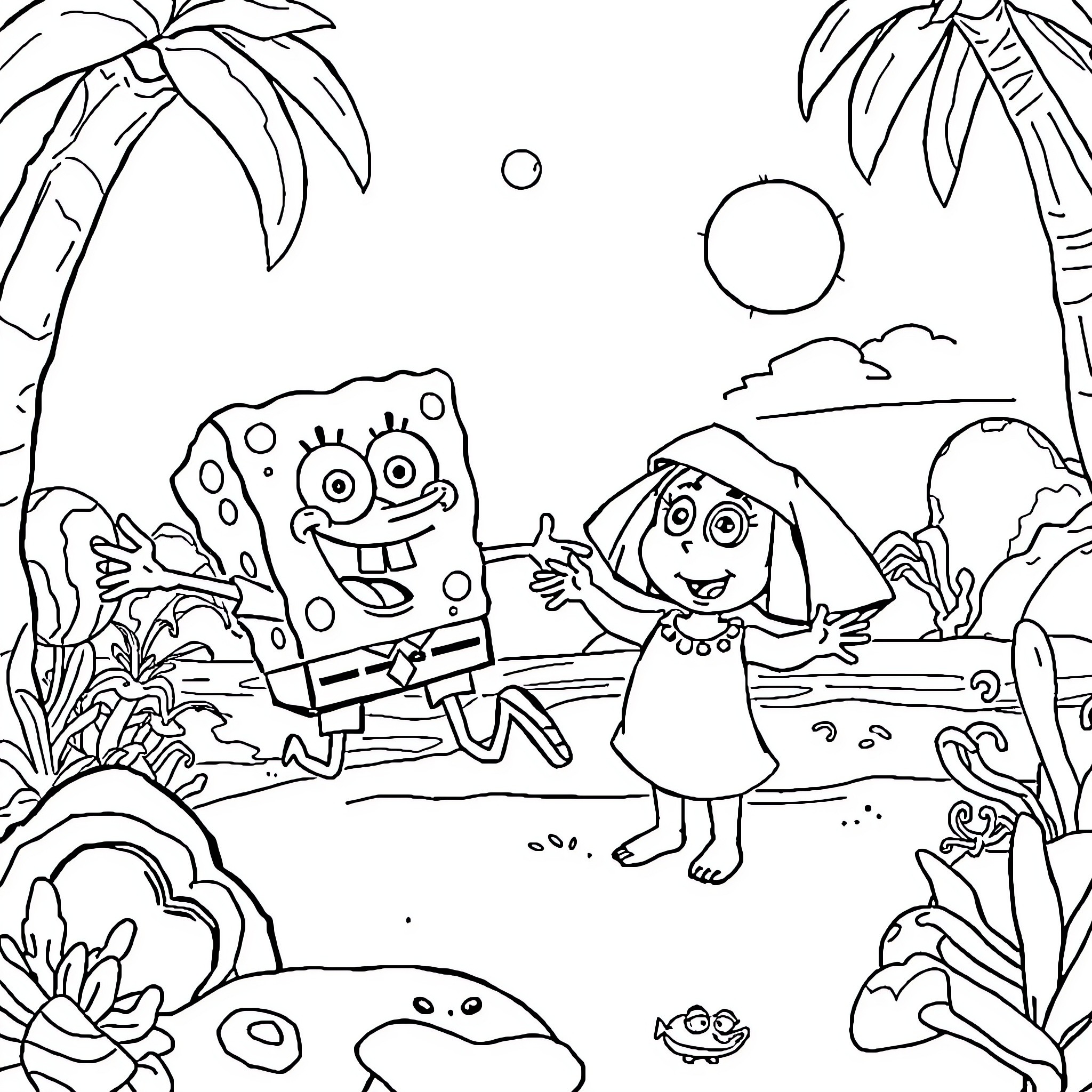 Spongebob and Dora explore the tropical beach Coloring Page (free black-and-white line drawing printable PDF for all, from beginners to advanced learners, including children, teens, adults, and seniors)