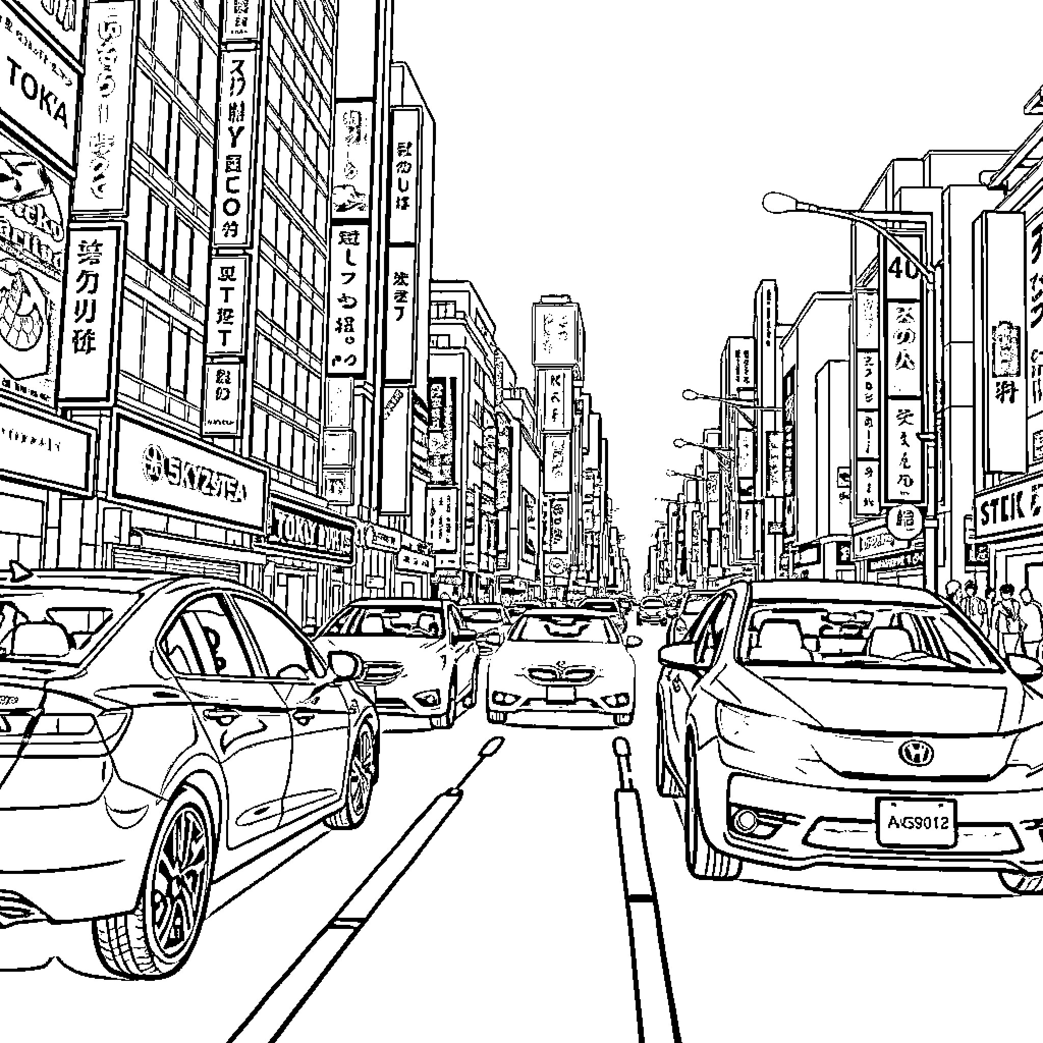 Cars Driving Through Busy City Streets Coloring Page (free black-and-white line drawing printable PDF for all, from beginners to advanced learners, including children, teens, adults, and seniors)