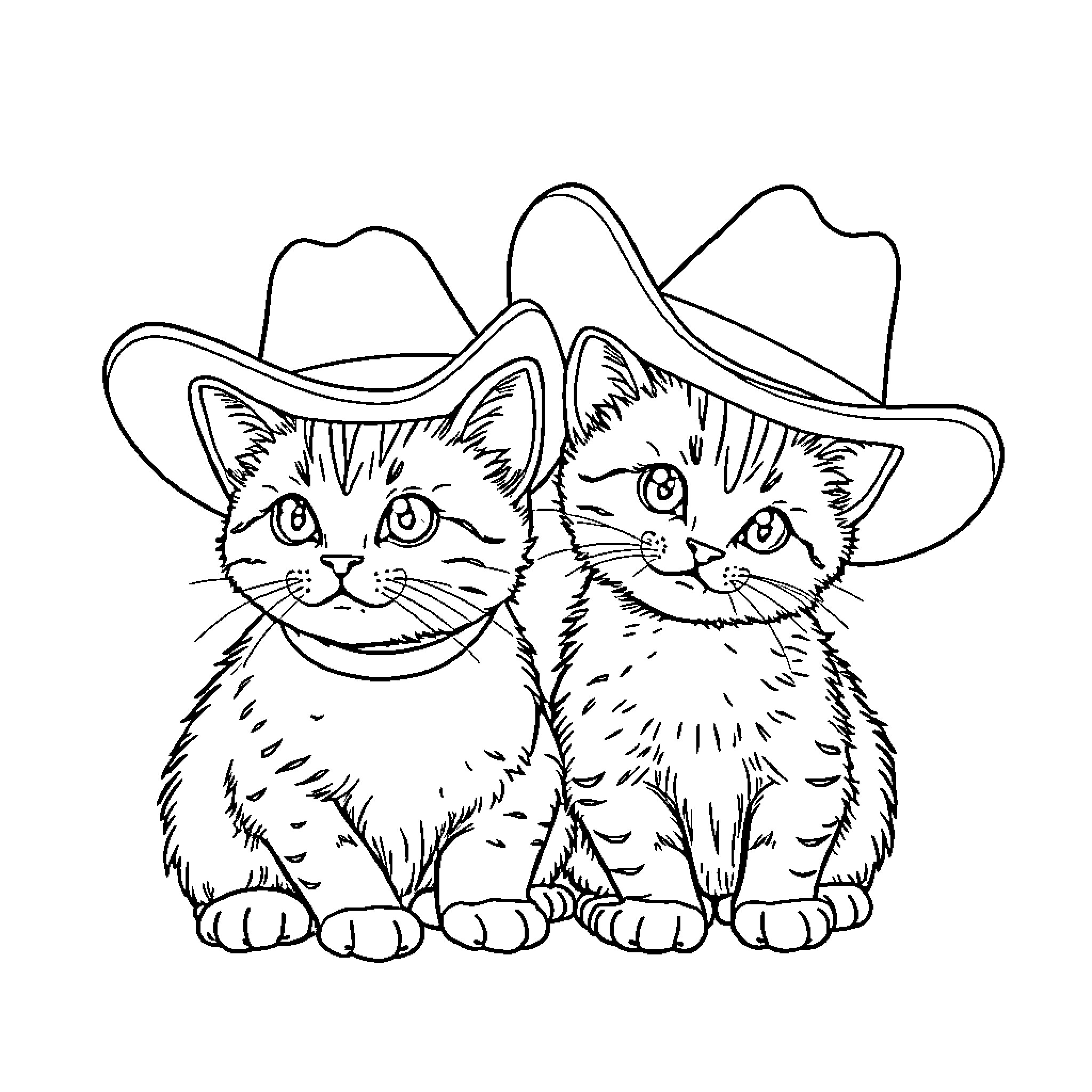 Cat Duo Wearing Cowboy Hats Coloring Page (free black-and-white line drawing printable PDF for all, from beginners to advanced learners, including children, teens, adults, and seniors)